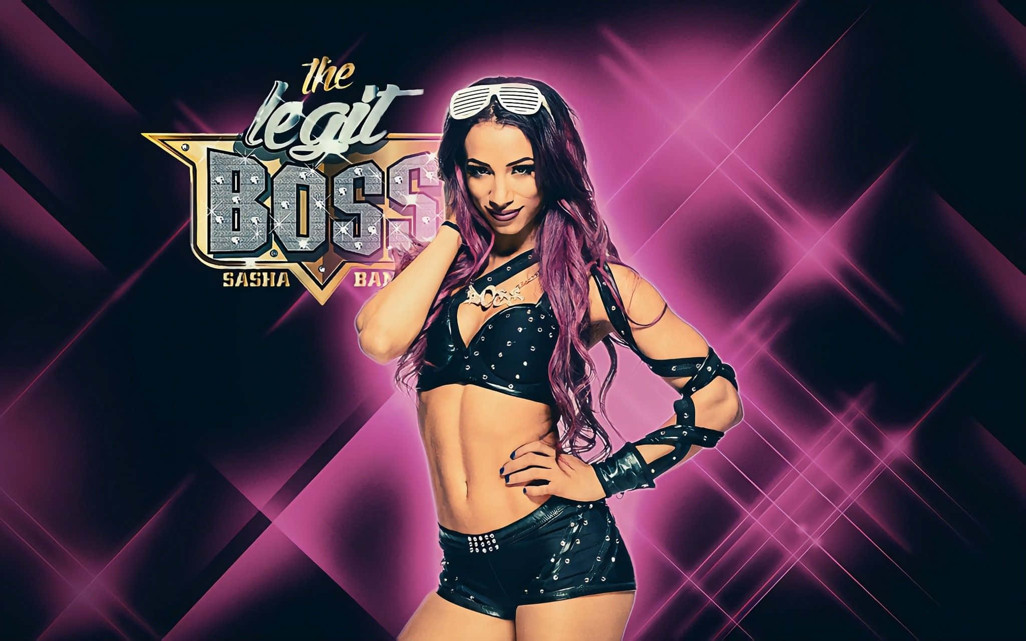 Sasha Banks, black sparkly wrestling outfit, vibrant purple diamond-patterned background, Full HD Desktop Wallpaper