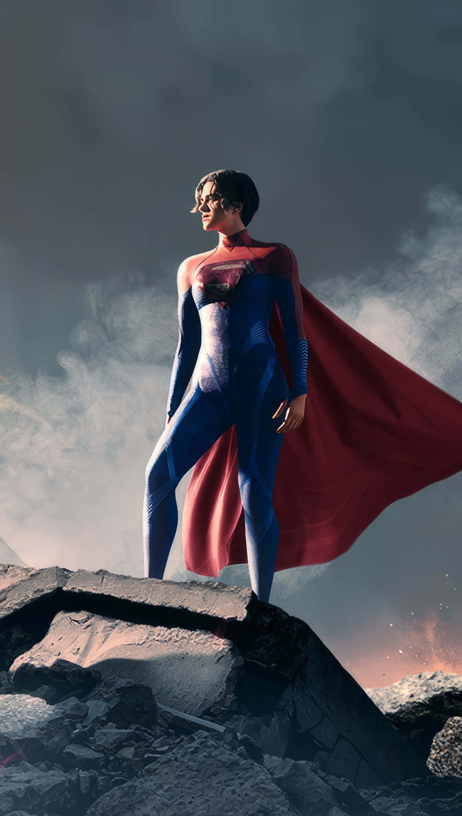 Sasha Calle Supergirl, blue and red suit, flowing cape, 2K Phone Wallpaper