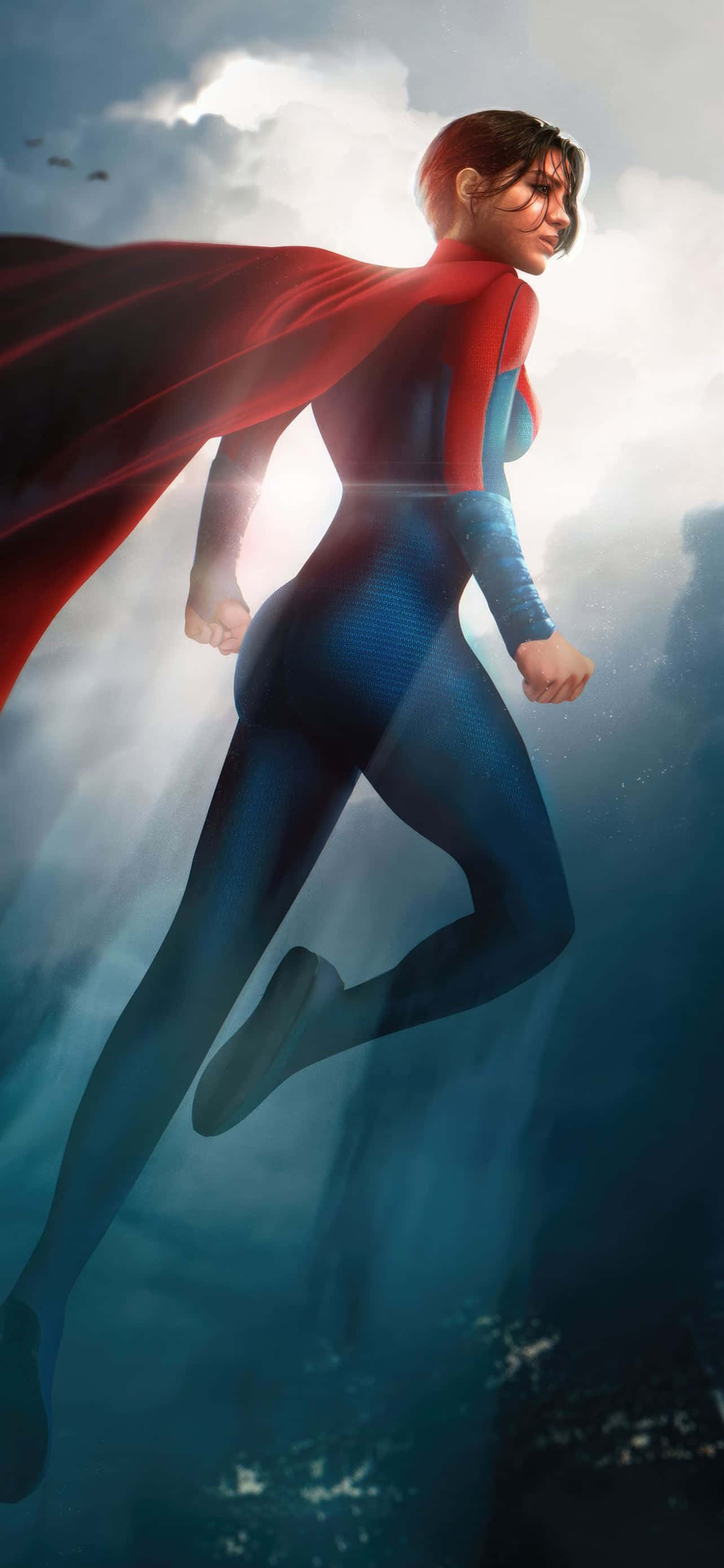 Sasha Calle Supergirl, red cape, blue suit, 2K Phone Wallpaper
