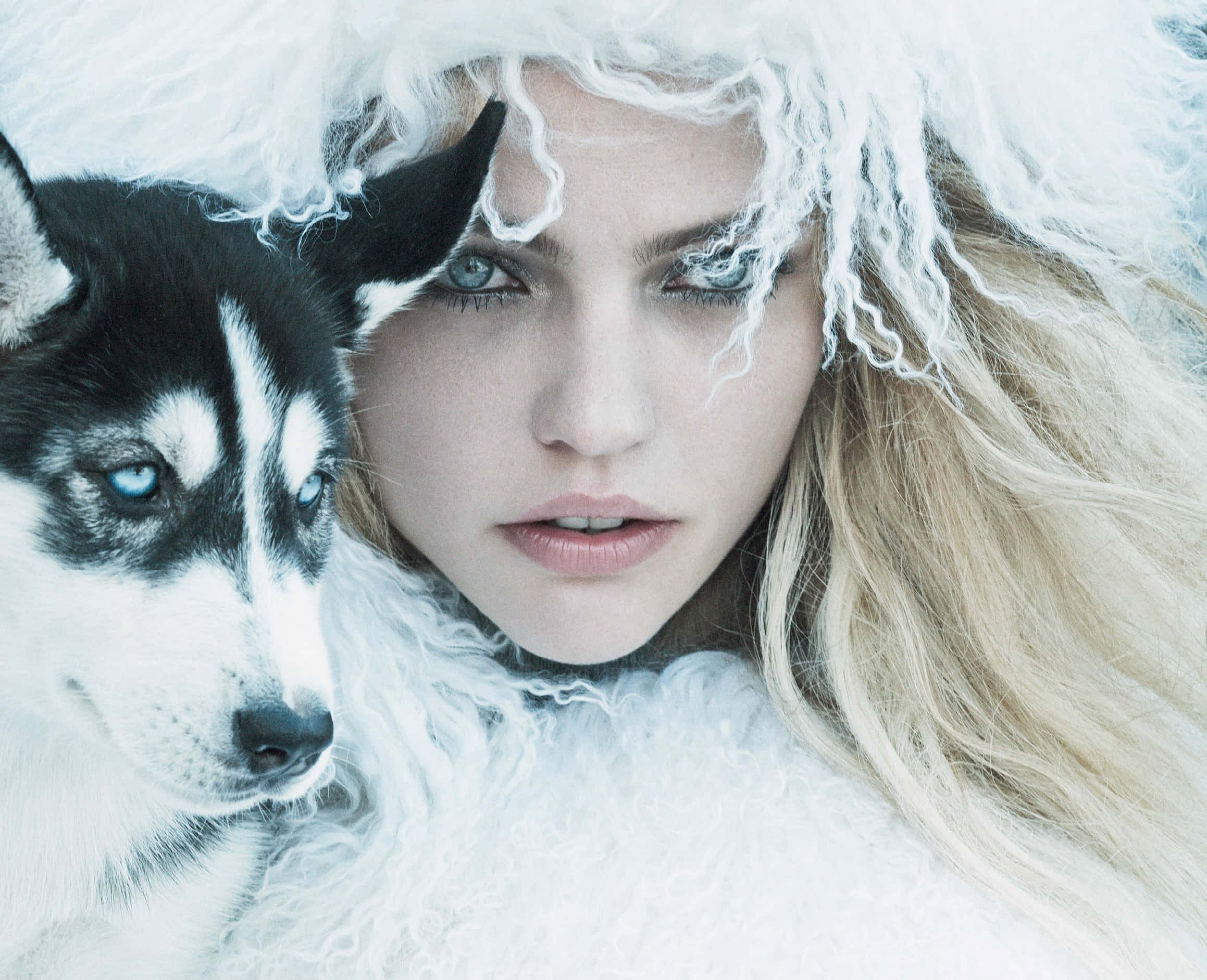 Sasha Pivovarova, icy blue eyes, husky dog, Full HD Desktop Wallpaper