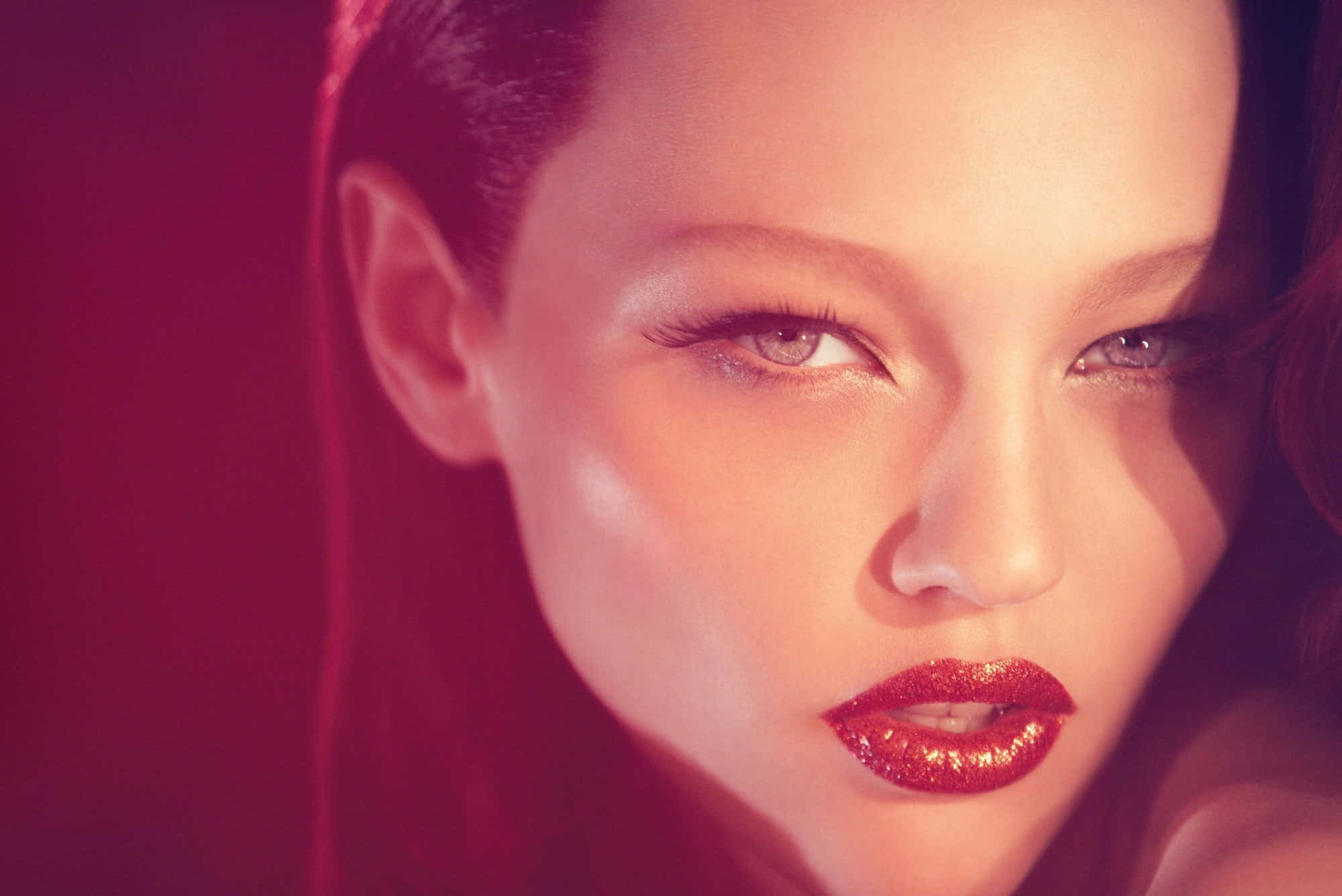 Sasha Pivovarova, glittery red lips, intense gaze, Full HD Desktop Wallpaper