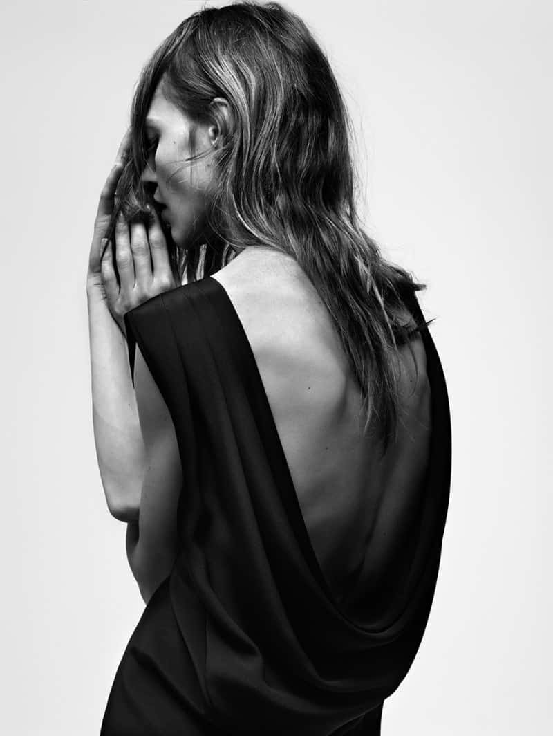 Sasha Pivovarova, black draped dress, moody black and white studio portrait, SD Phone Wallpaper