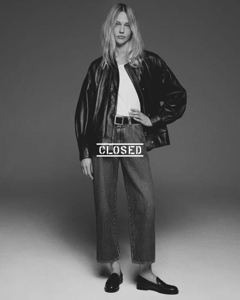 Sasha Pivovarova, black leather jacket, wide-leg jeans, SD Phone Wallpaper