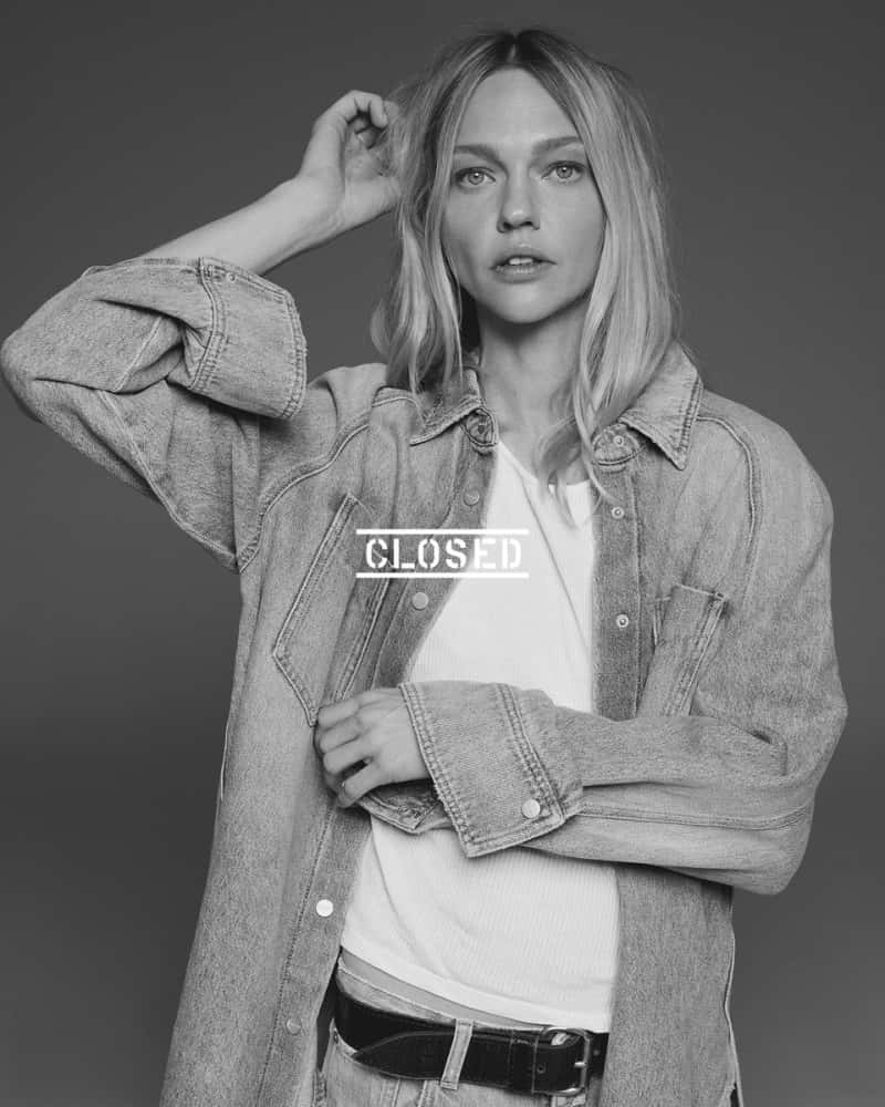 Sasha Pivovarova, denim jacket, one hand in her hair, SD Phone Wallpaper