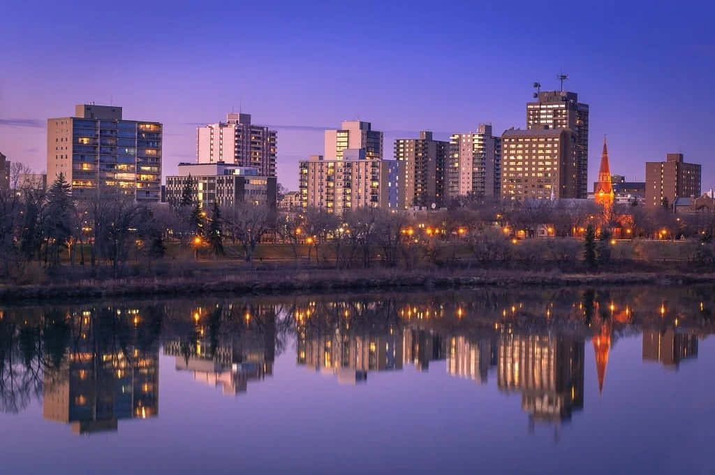 Saskatoon River, twilight, city skyline, SD Desktop Wallpaper