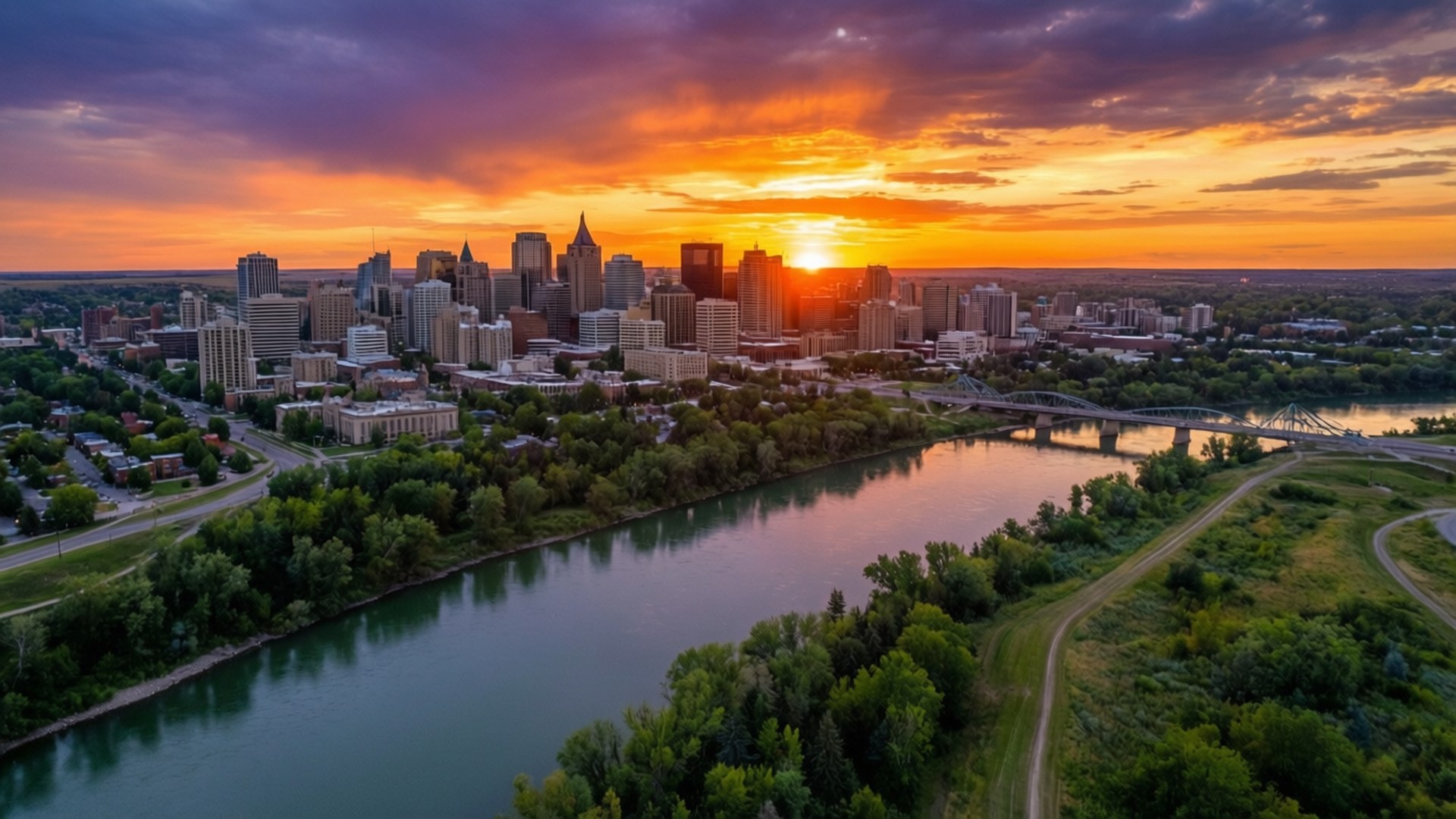 Saskatoon, skyline, sunset, Full HD Desktop Wallpaper