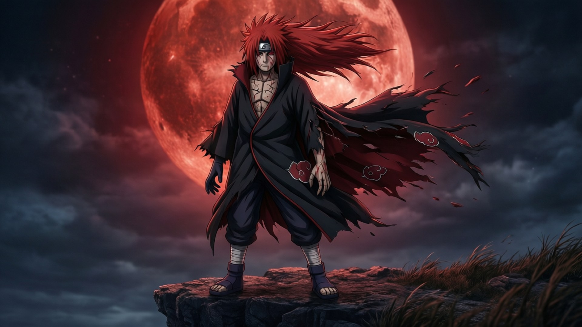 Sasori, blood moon, red-haired anime warrior, Full HD Desktop Wallpaper