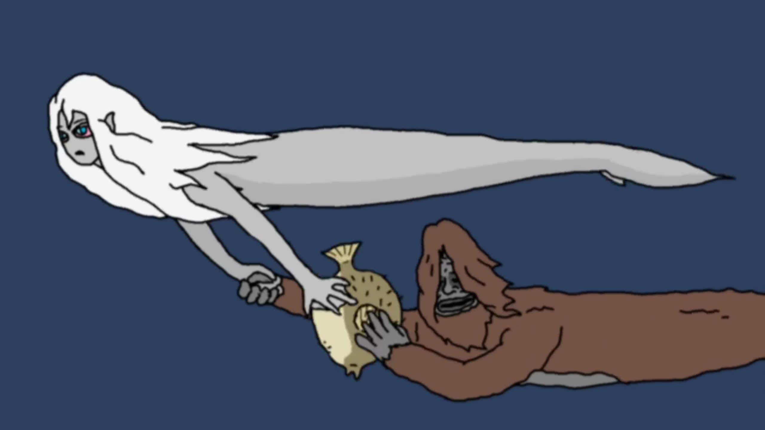 Sassy The Sasquatch, fish, ghostly white figure, 2K Desktop Wallpaper