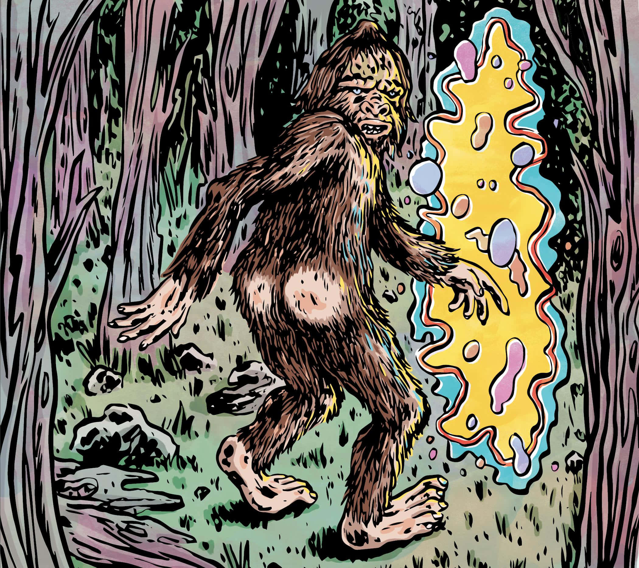 Sassy Sasquatch, psychedelic forest, brown fur, Full HD Desktop Wallpaper