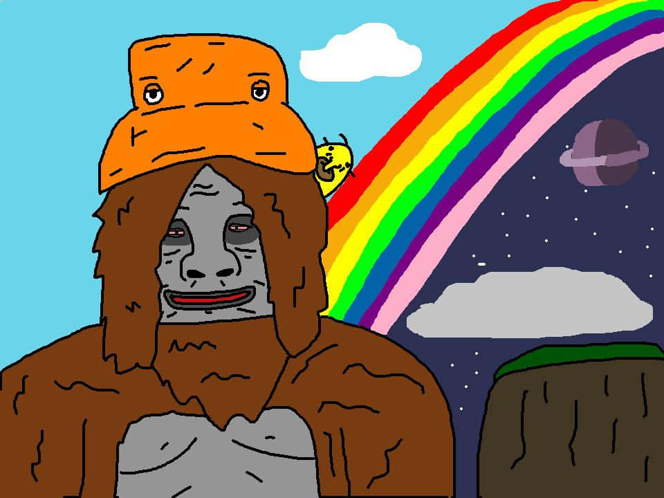 Sassy Sasquatch, orange bucket hat, rainbow arch, SD Desktop Wallpaper