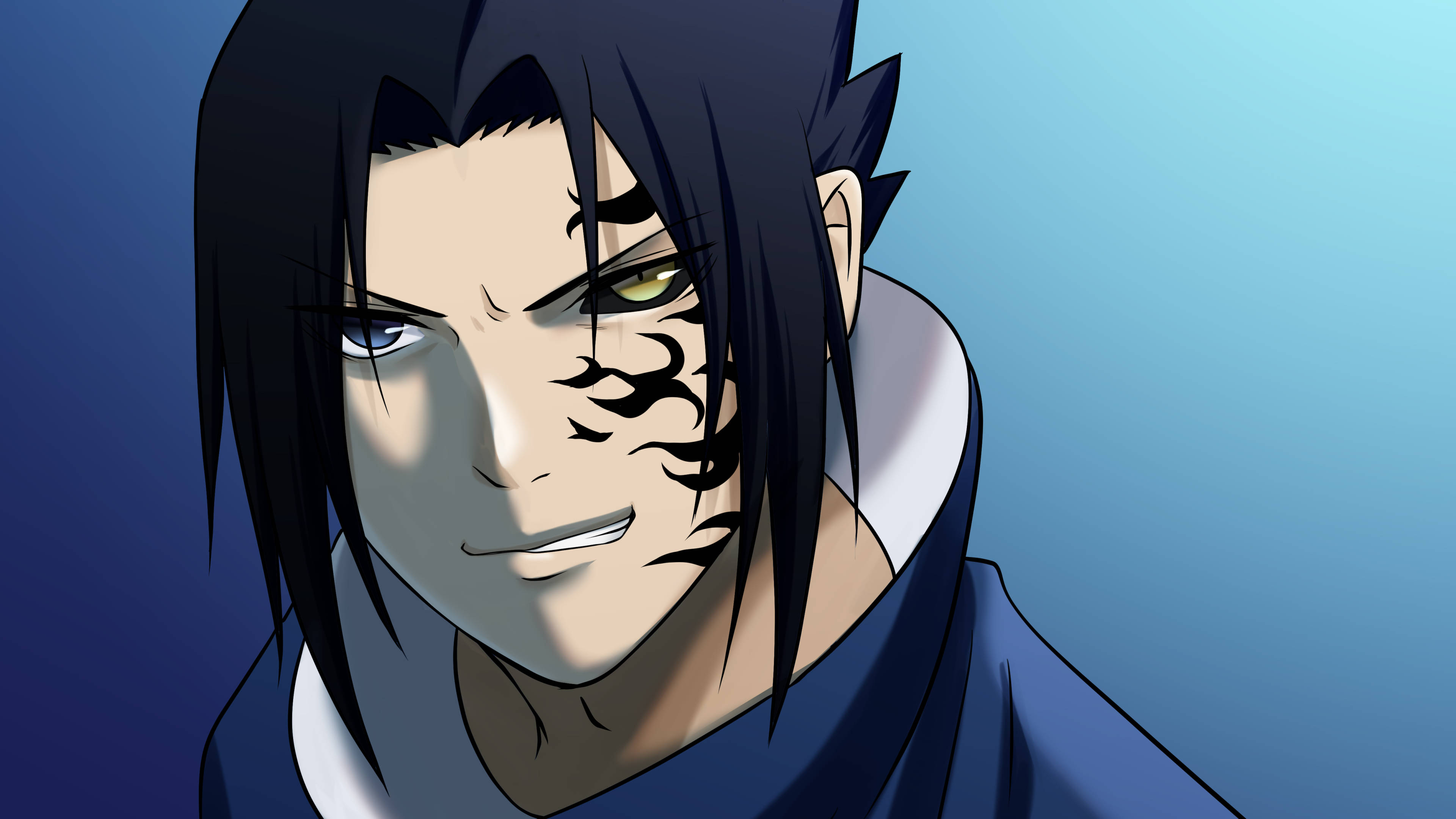 Sasuke, black marks, mismatched eyes one blue one yellow, 4K Desktop Wallpaper