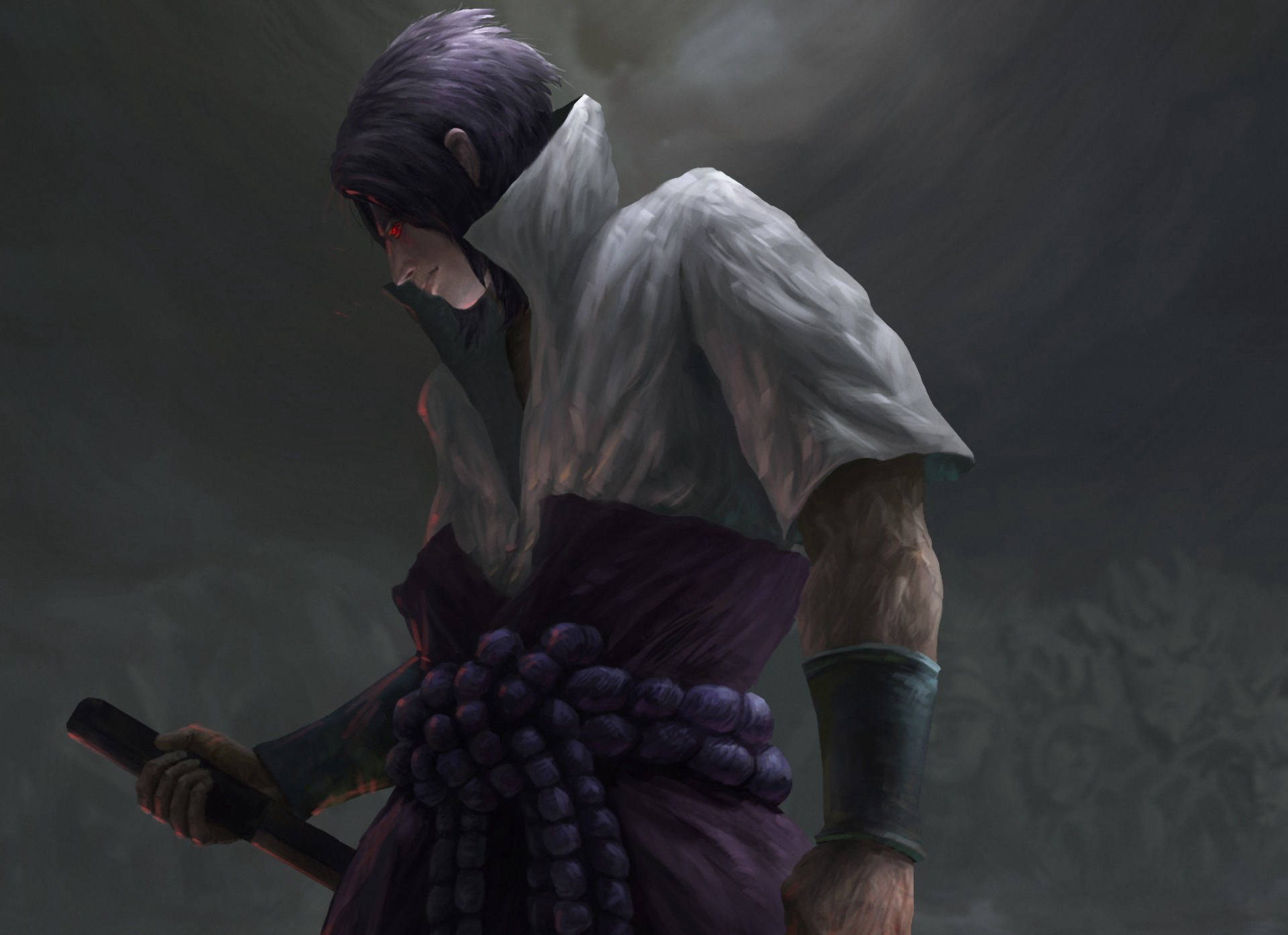 Sasuke, glowing red eyes, white and purple robes, Full HD Desktop Wallpaper