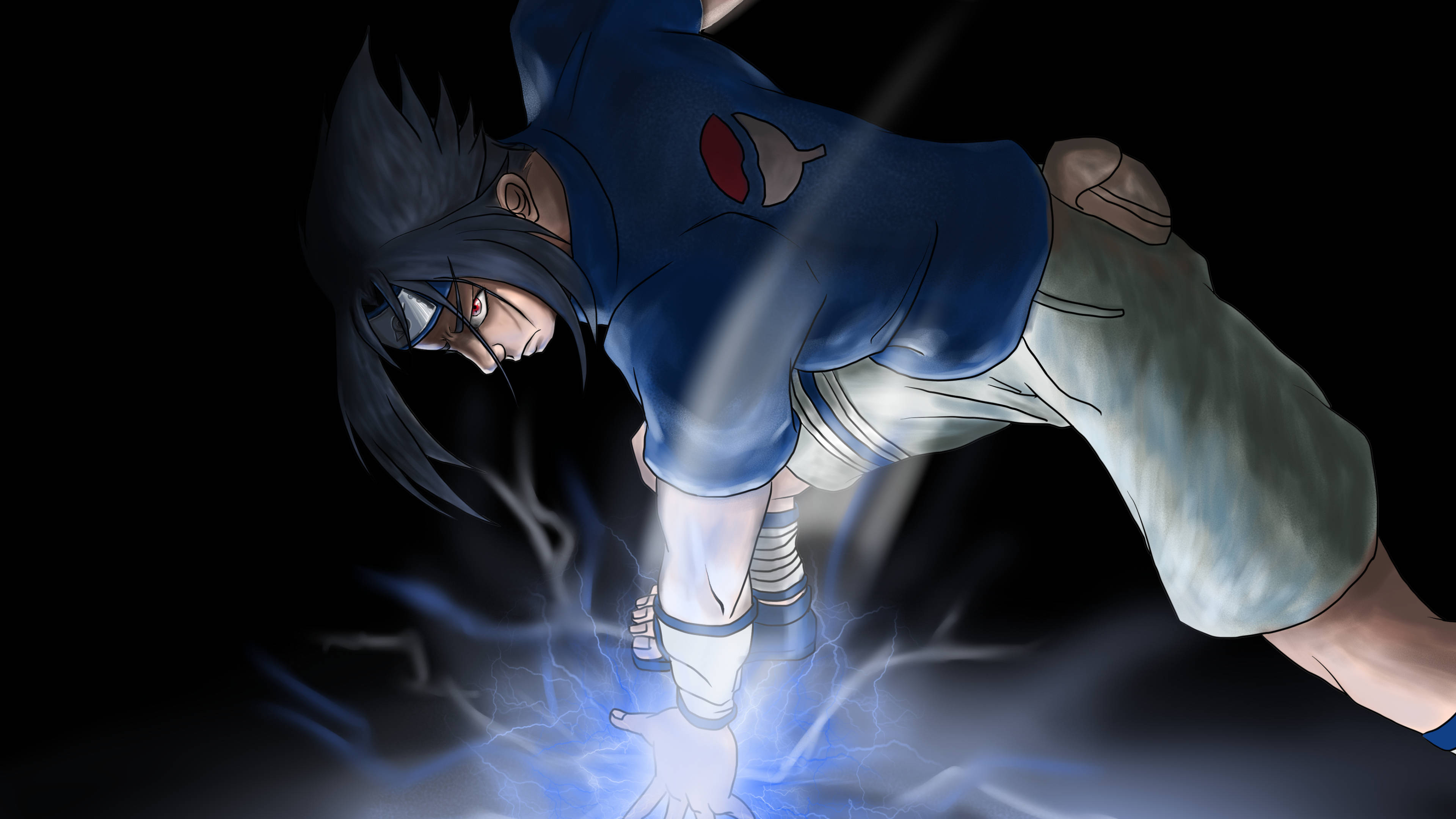 Sasuke, blue ninja gear, glowing blue chakra energy, 4K Desktop Wallpaper
