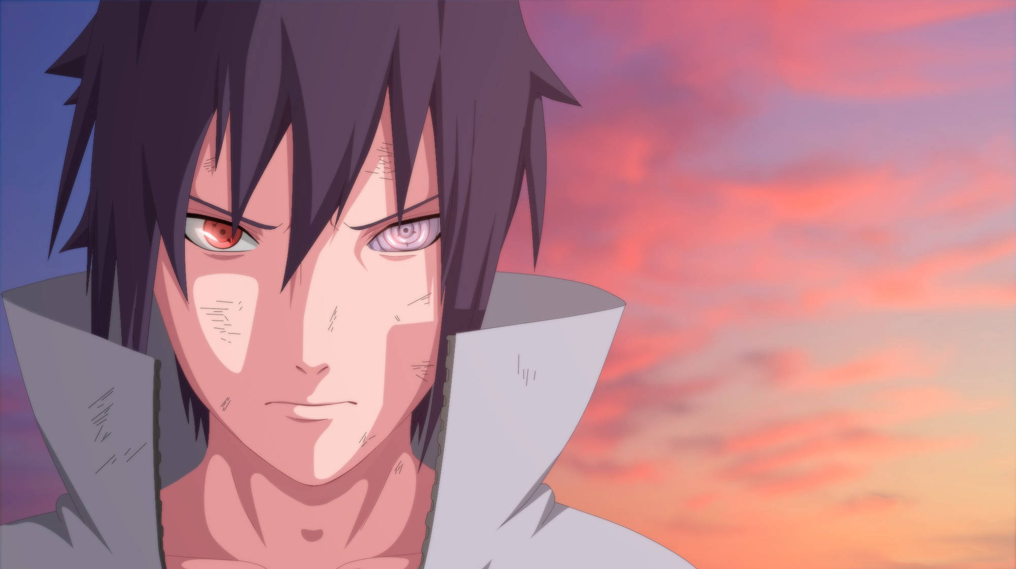 Sasuke, heterochromatic eyes, pink and orange sunset sky, Full HD Desktop Wallpaper