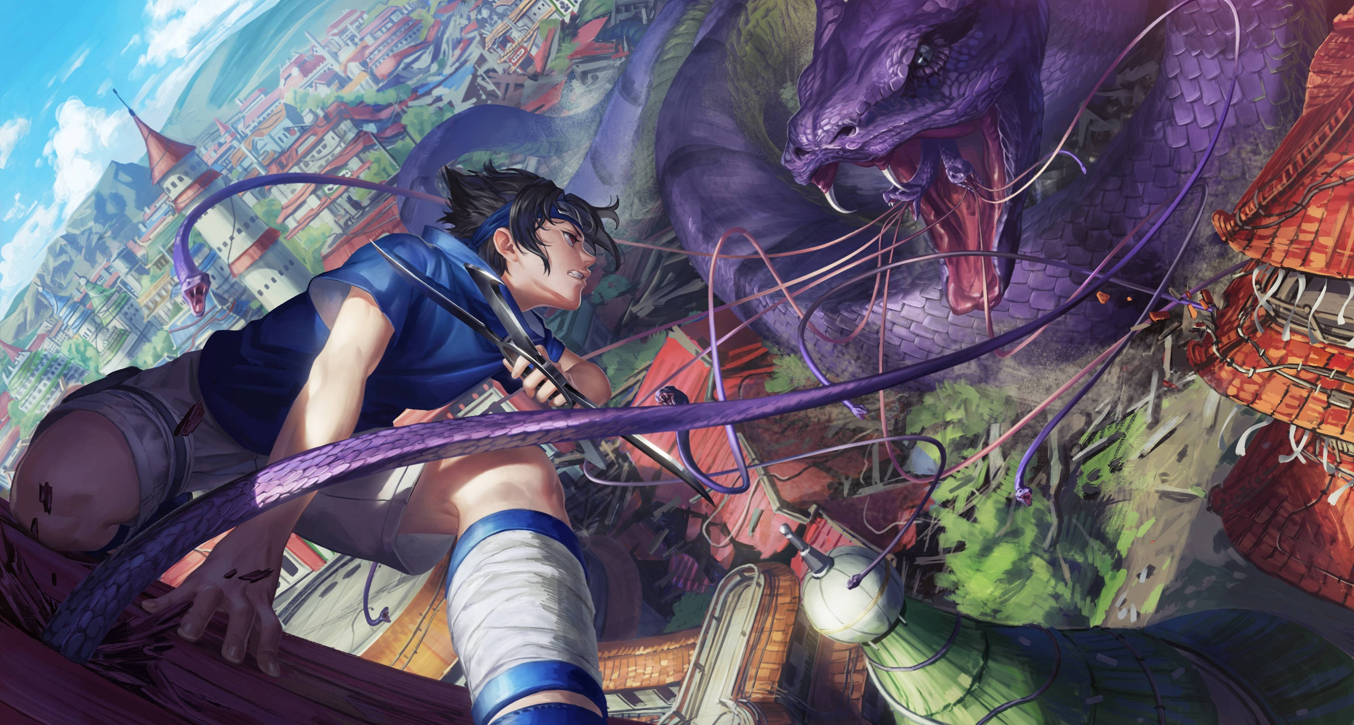 Sasuke, giant snakes, blue, 2K Desktop Wallpaper