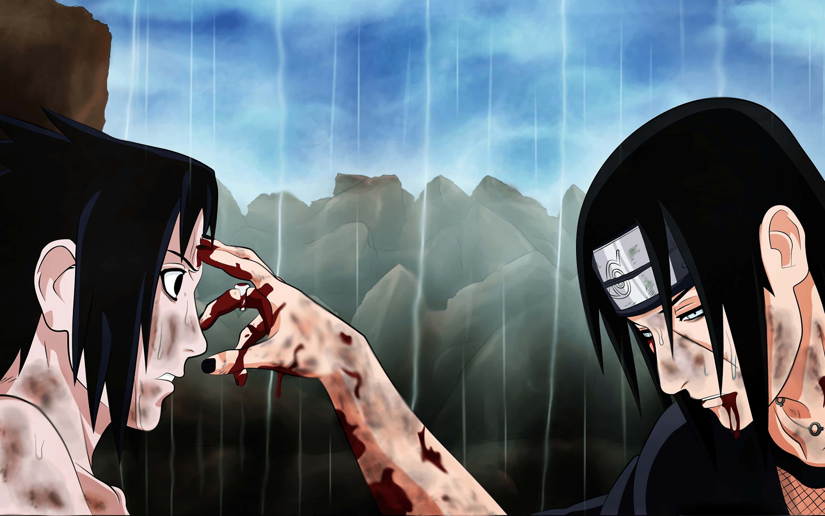 Sasuke And Itachi, rainstorm, bloodied hands, 2K Desktop Wallpaper