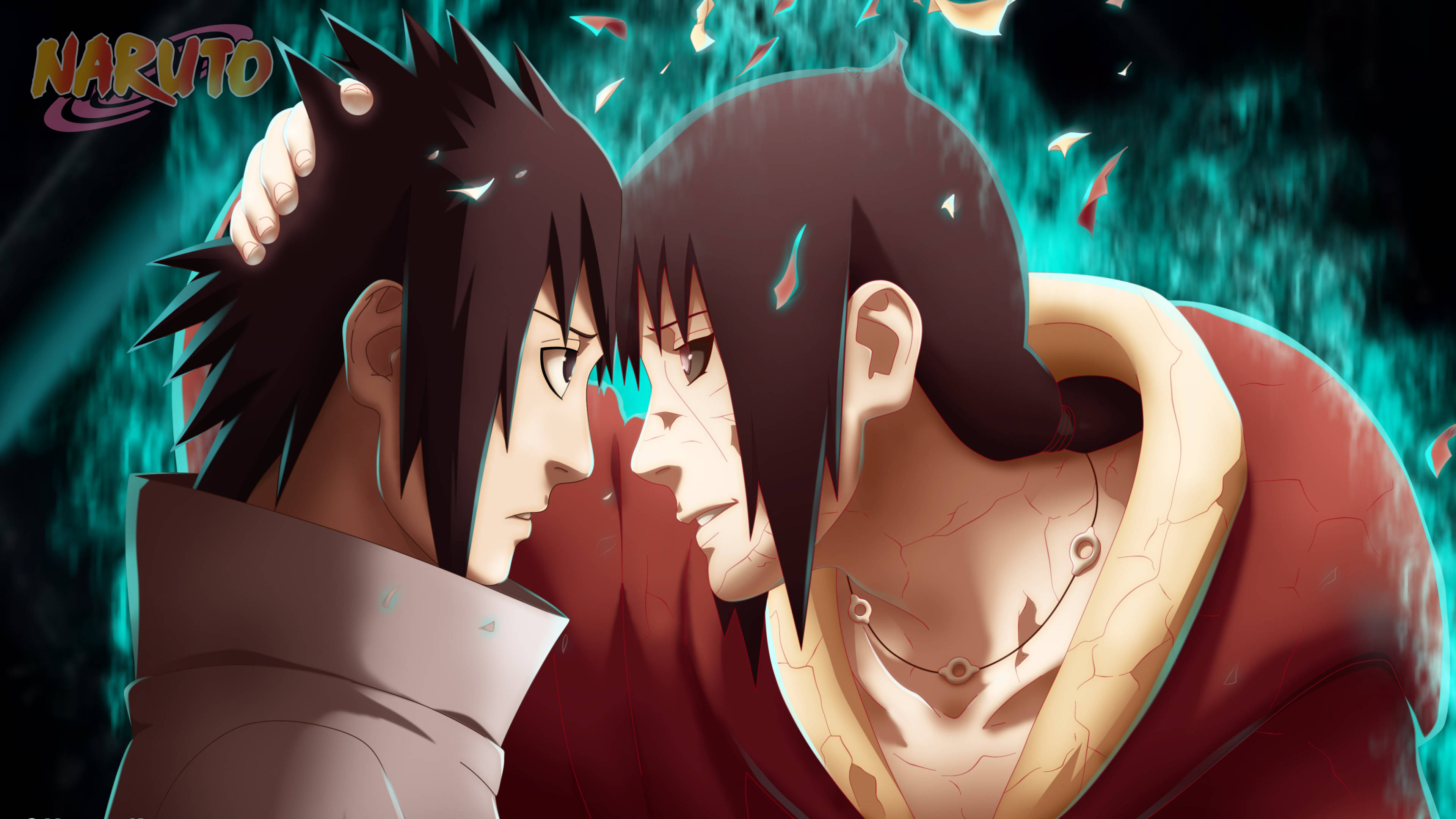Sasuke And Itachi, teal background, falling leaves, 4K Desktop Wallpaper