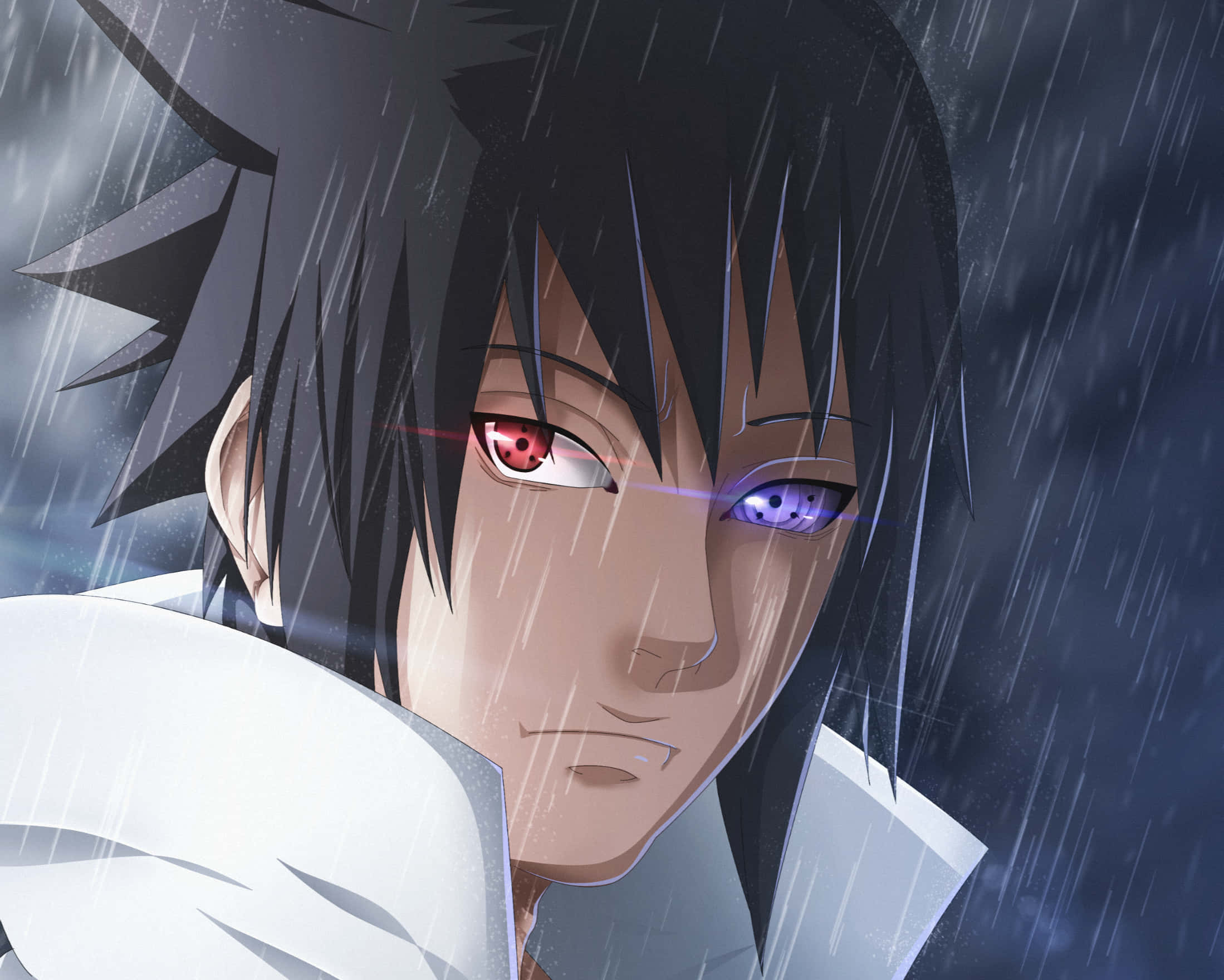 Sasuke Face, mismatched red and purple eyes, heavy rain, Full HD Desktop Wallpaper