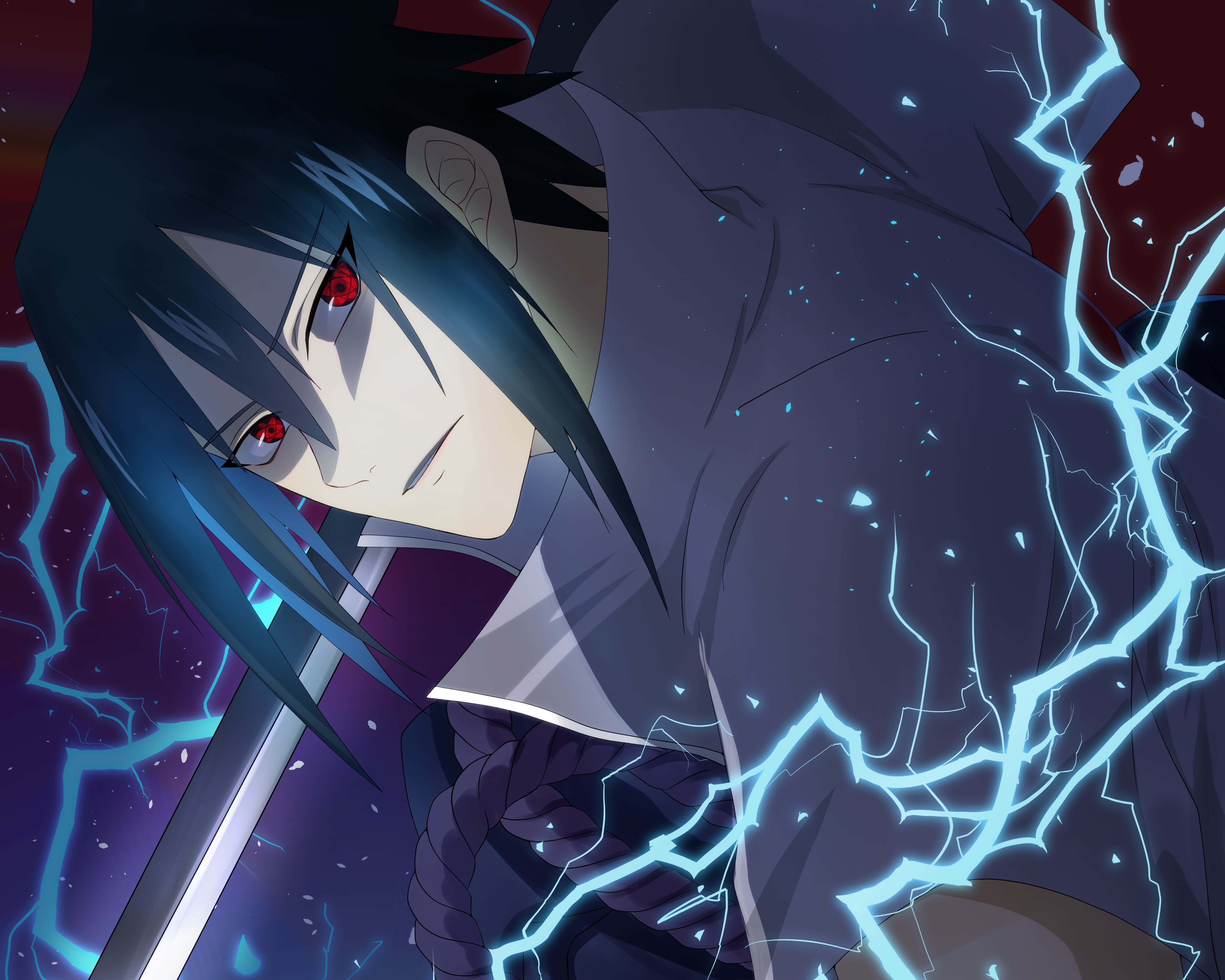 Sasuke, blue hair, red eyes, 4K Desktop Wallpaper