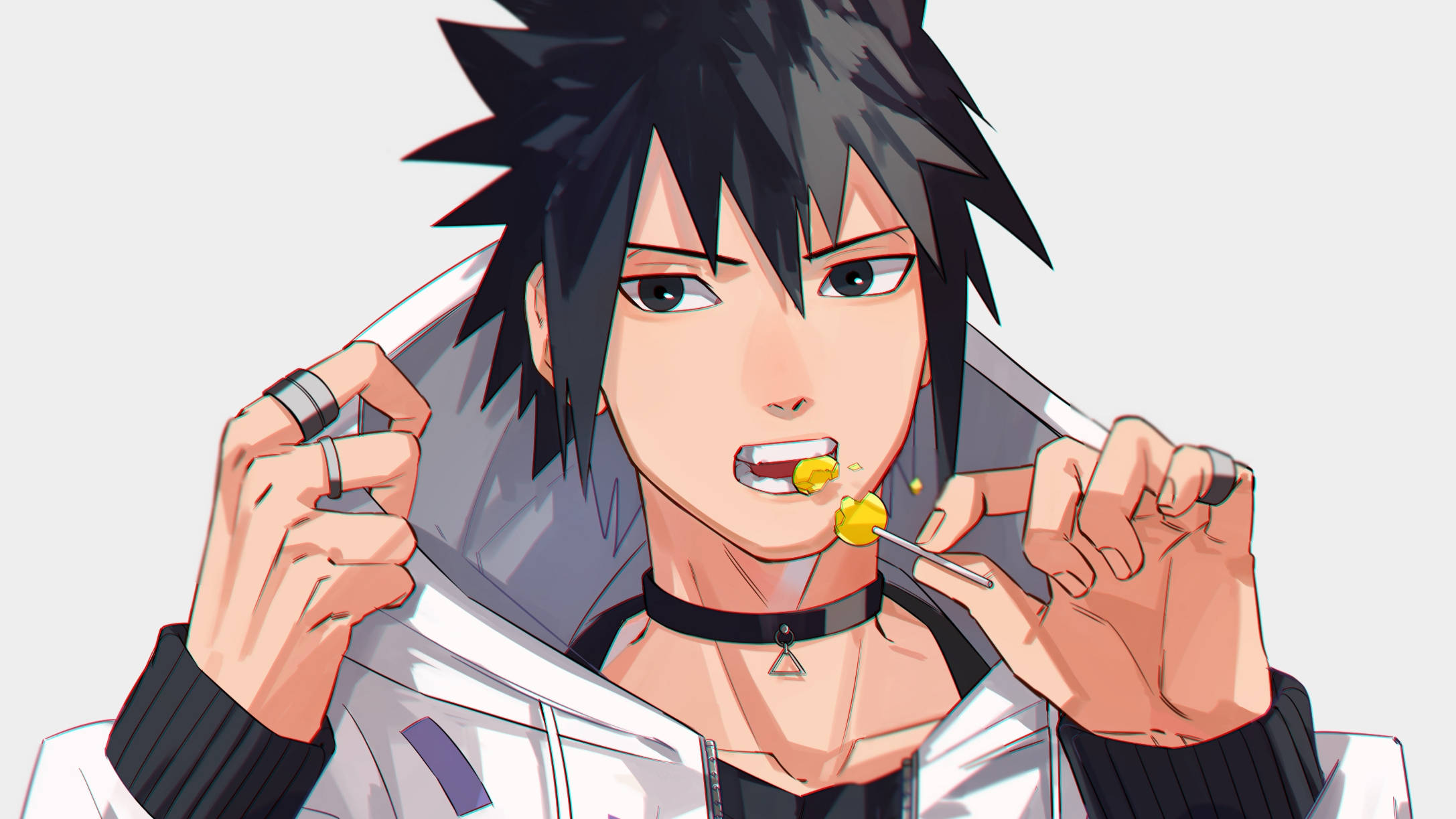 Sasuke Pfp, spiky black hair, yellow candy, Full HD Desktop Wallpaper