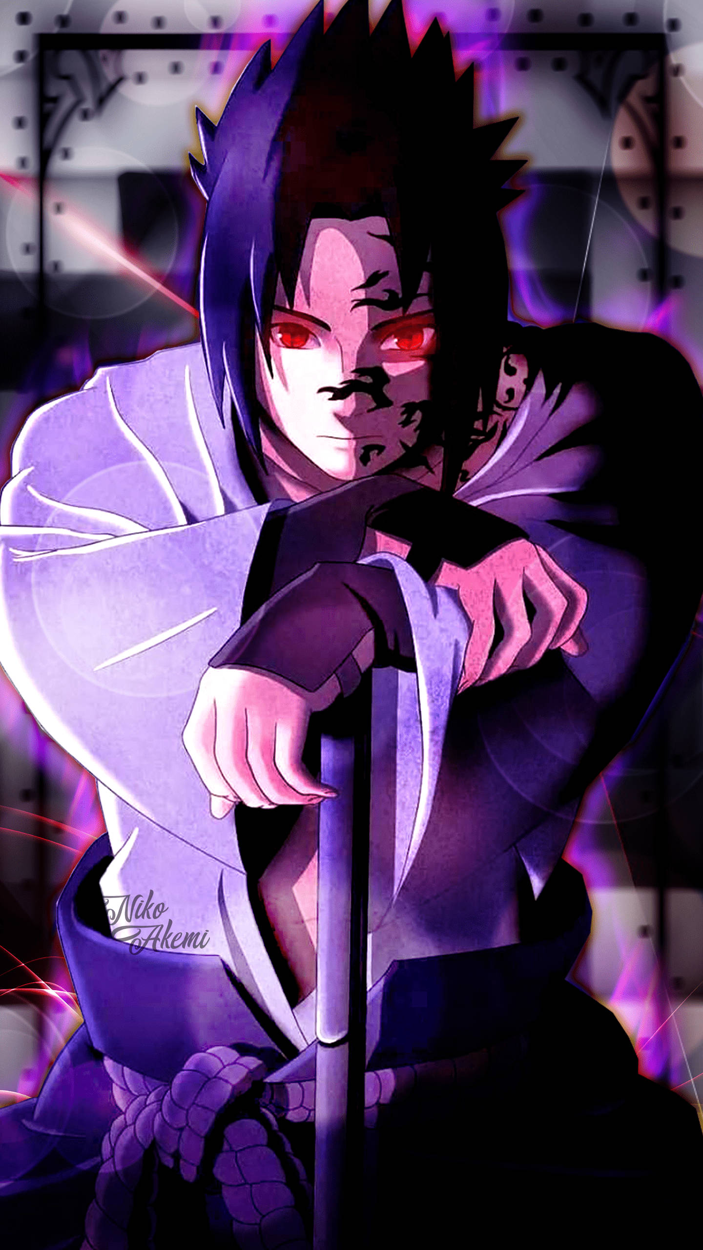 Sasuke, purple hair, glowing red eyes, 2K Phone Wallpaper