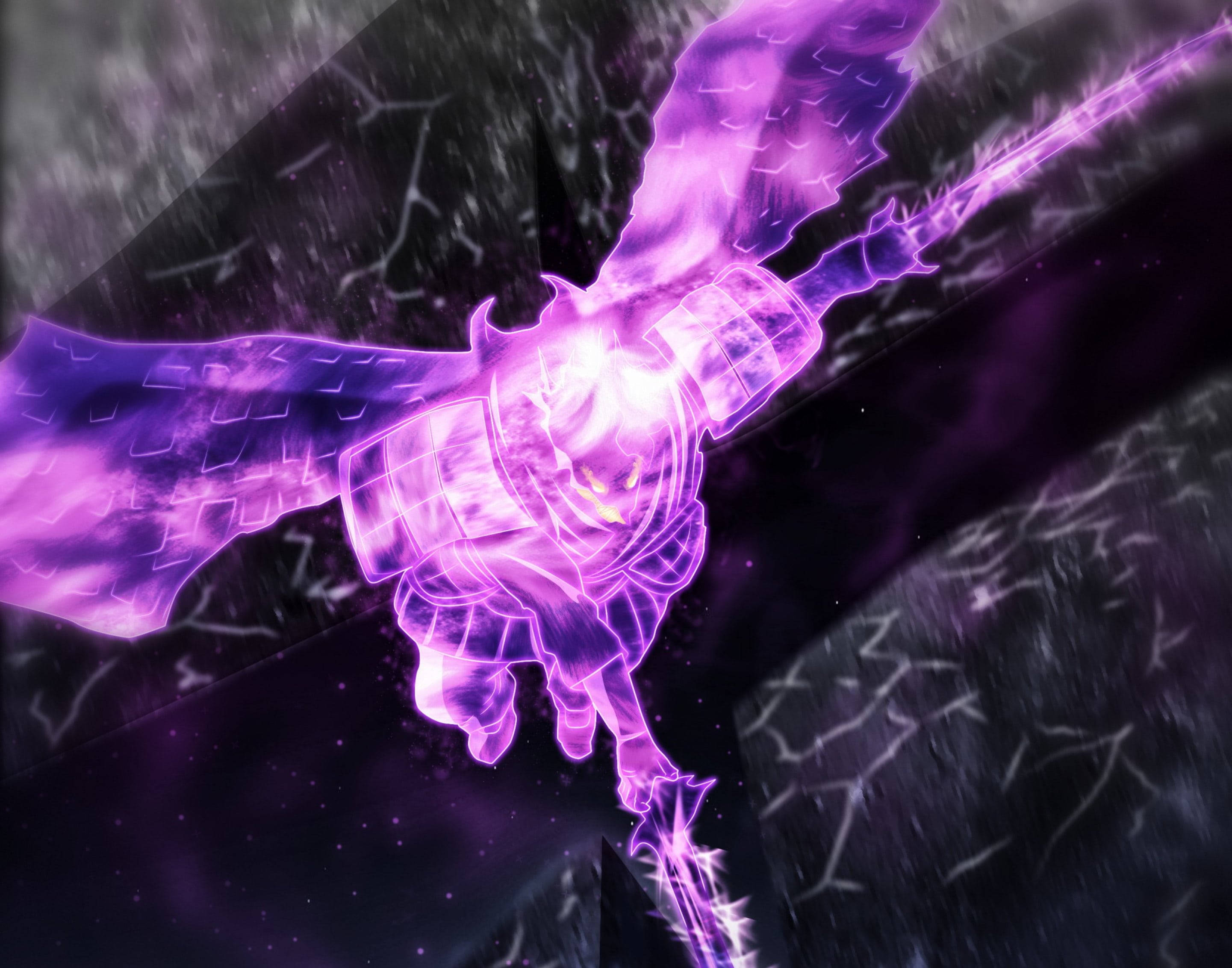 Purple Sasuke Susanoo, glowing purple armored warrior, wings, 2K Desktop Wallpaper