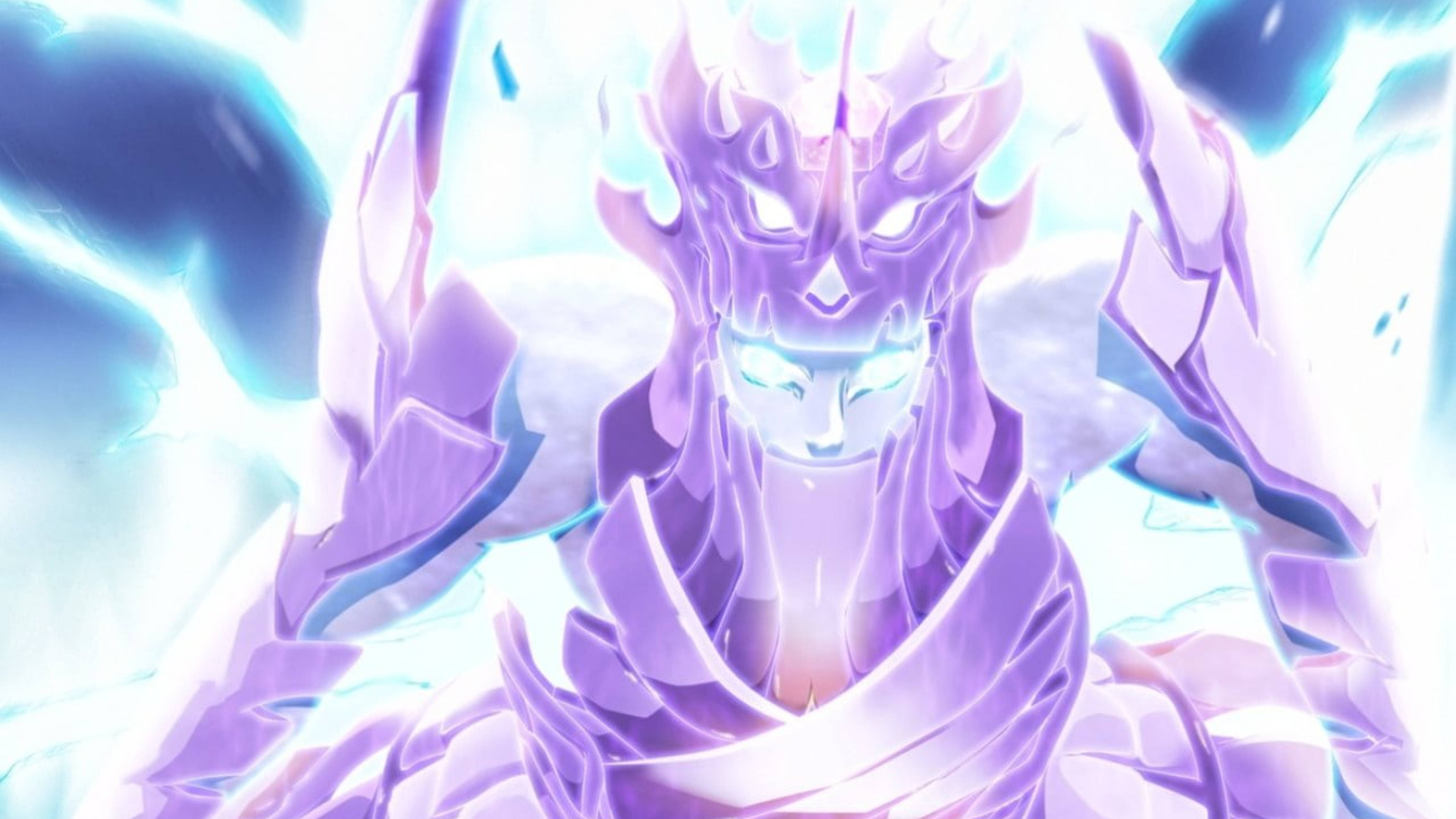 Sasuke Susanoo, glowing purple armored warrior, dragon-like helmet, 5K Desktop Wallpaper