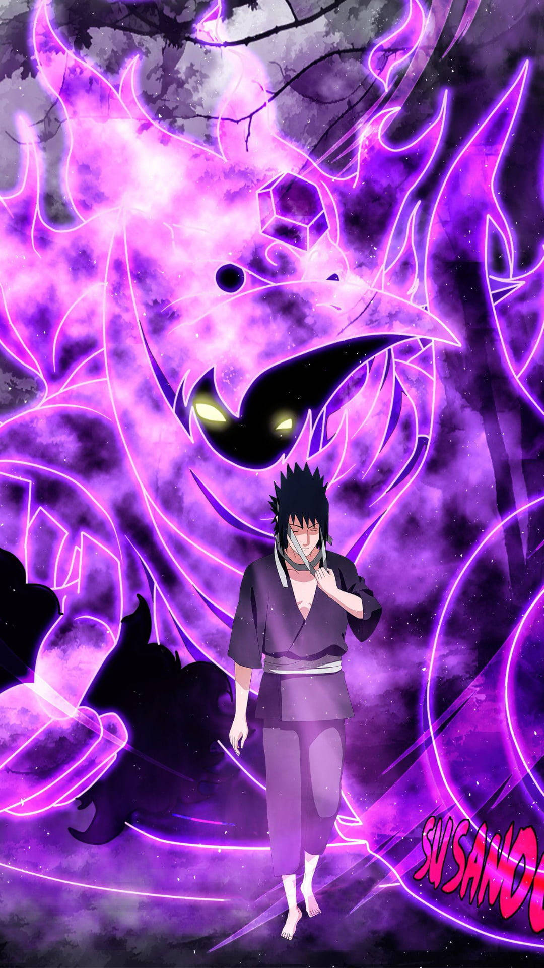 Sasuke, Susanoo, glowing purple fox spirit, Full HD Phone Wallpaper