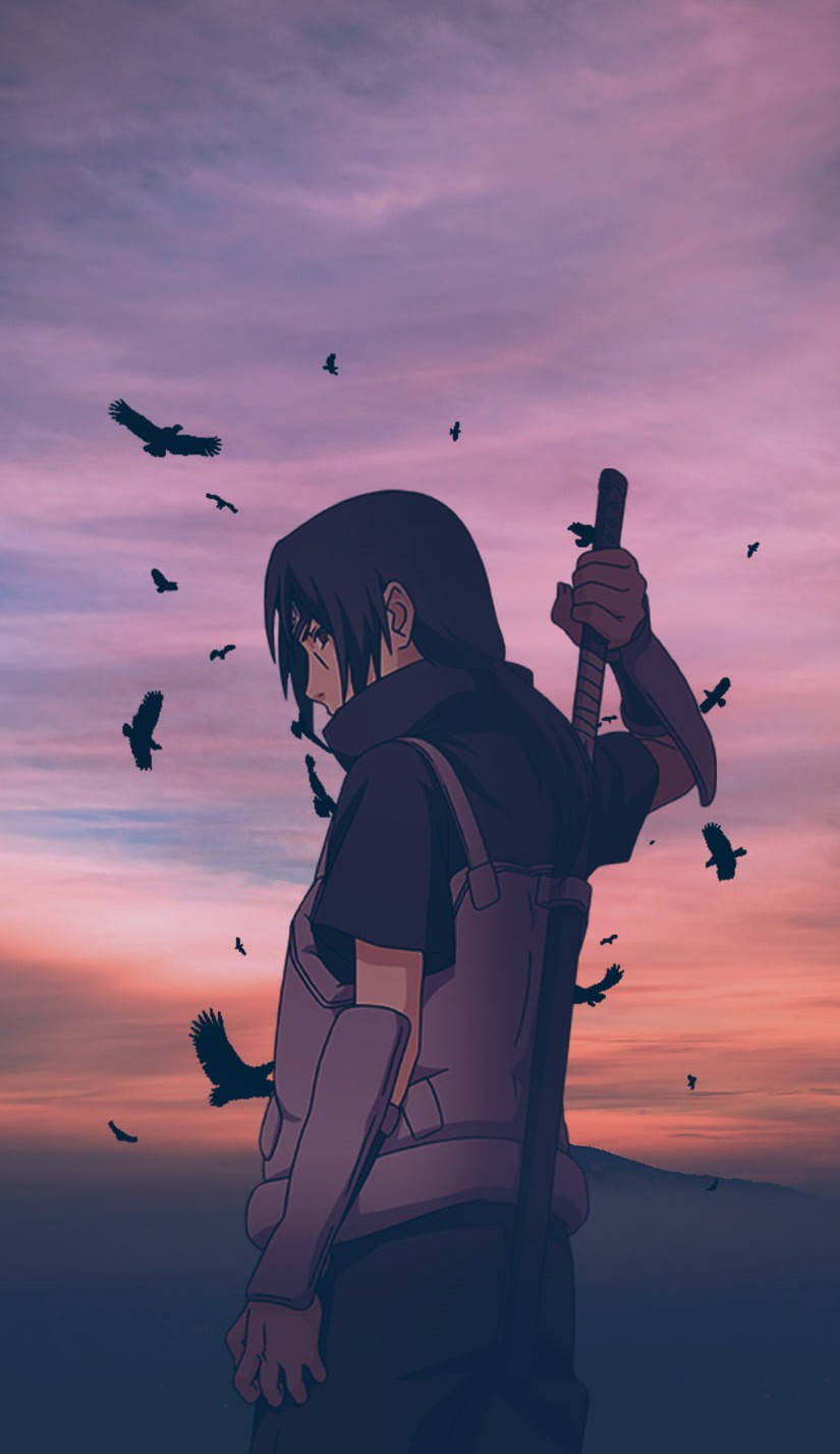 Sasuke Uchiha, crows, twilight sky, HD Phone Wallpaper