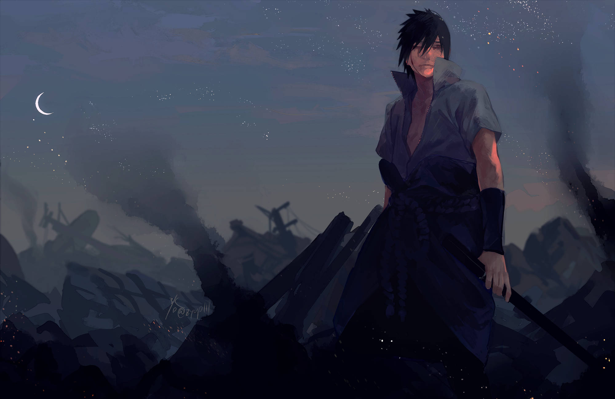 Sasuke Uchiha, 4K, ruined battlefield, Full HD Desktop Wallpaper