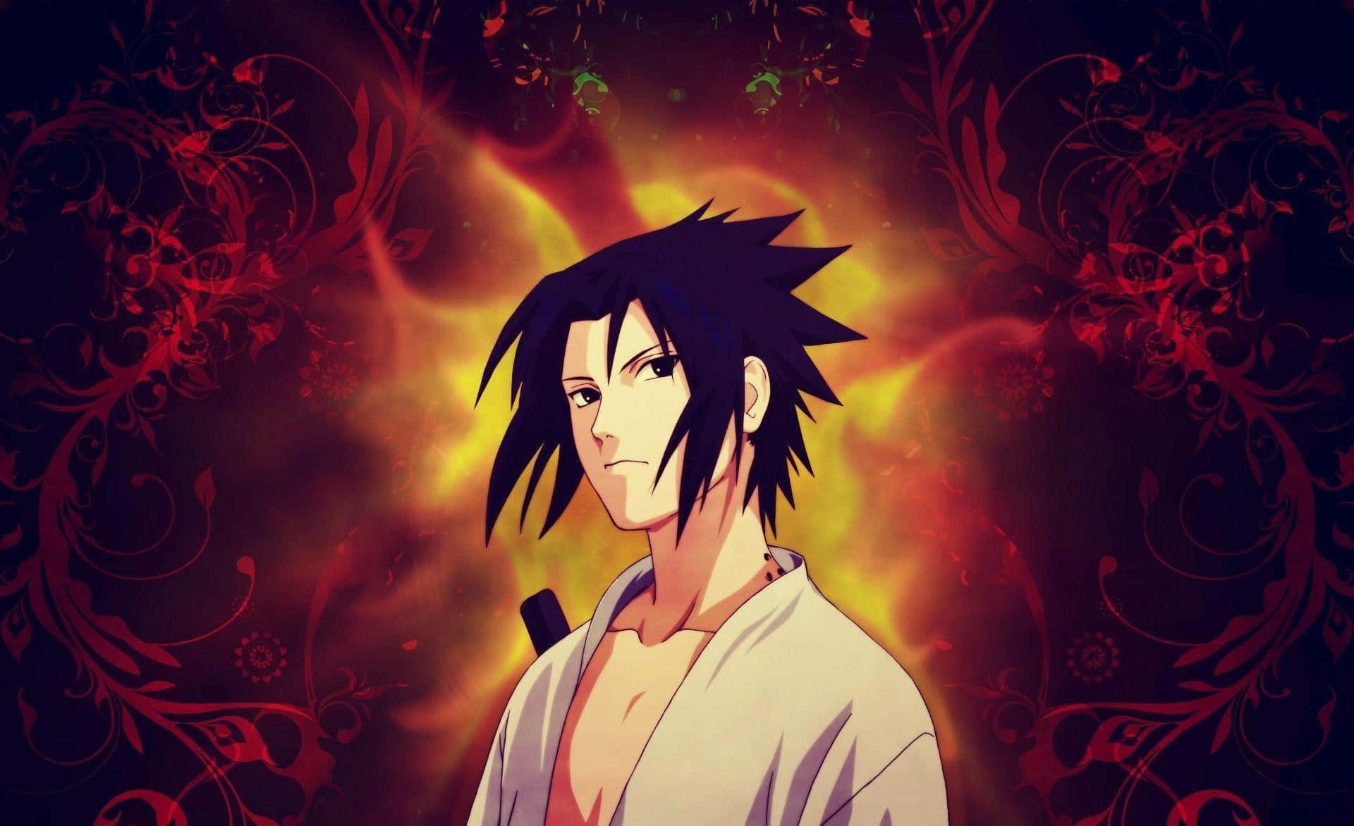 Sasuke Uchiha, Cursed Mark, fiery orange and red swirling background, Full HD Desktop Wallpaper