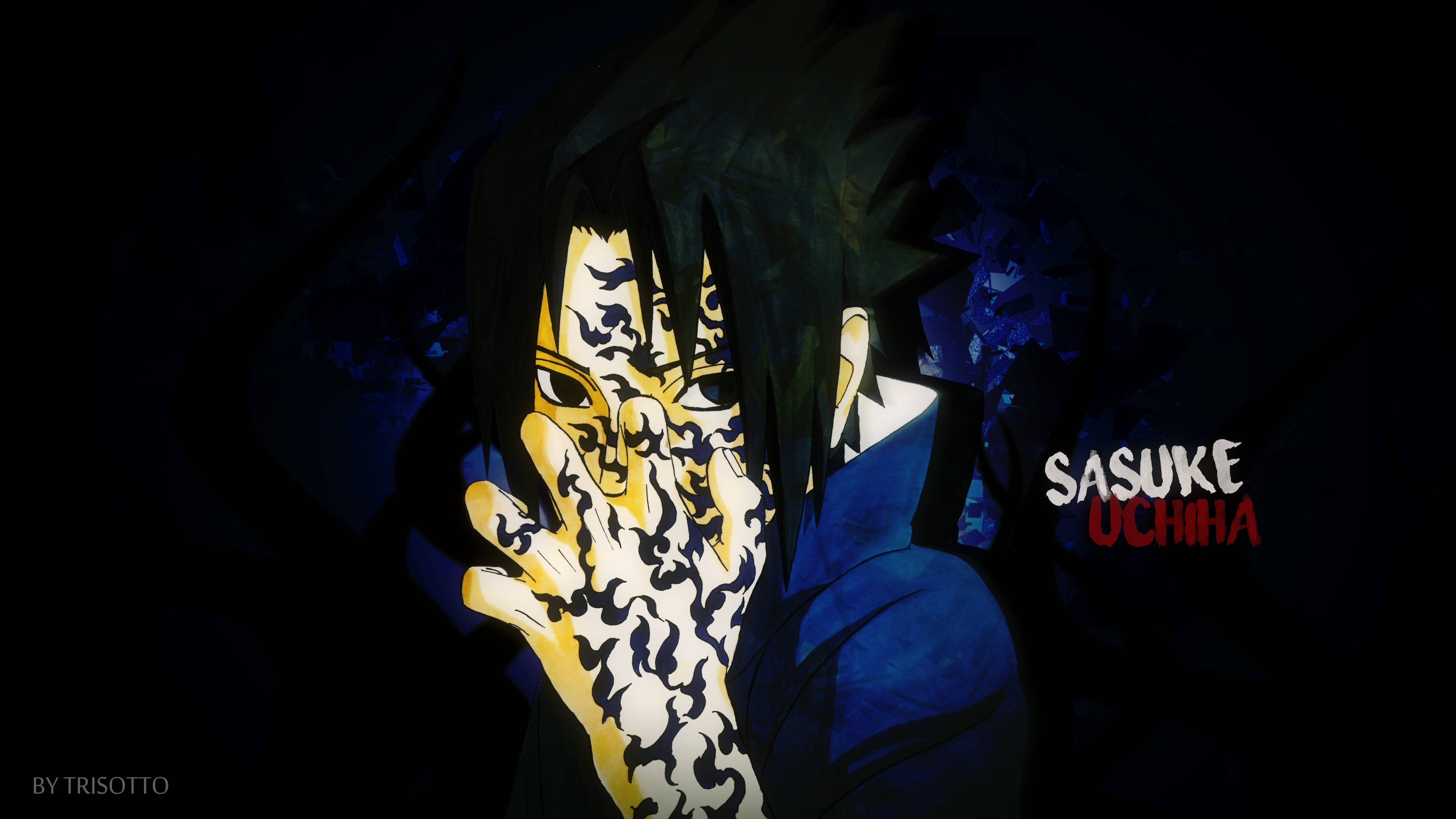 Sasuke Uchiha, Cursed Mark, glowing yellow Sharingan eyes, 4K Desktop Wallpaper