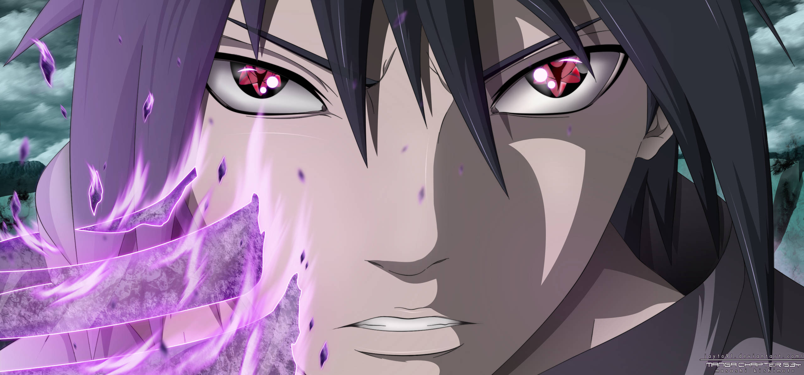 Sasuke Uchiha, Mangekyou Sharingan, glowing red eyes, 2K Desktop Wallpaper