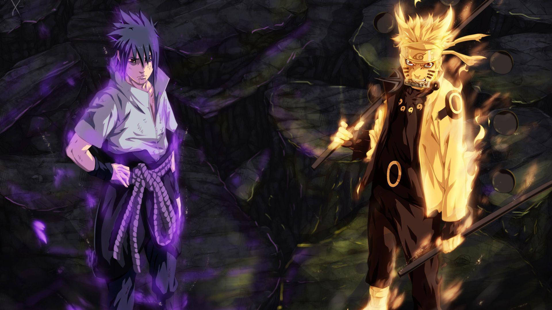 Sasuke Vs Naruto, purple chakra, golden flames, Full HD Desktop Wallpaper