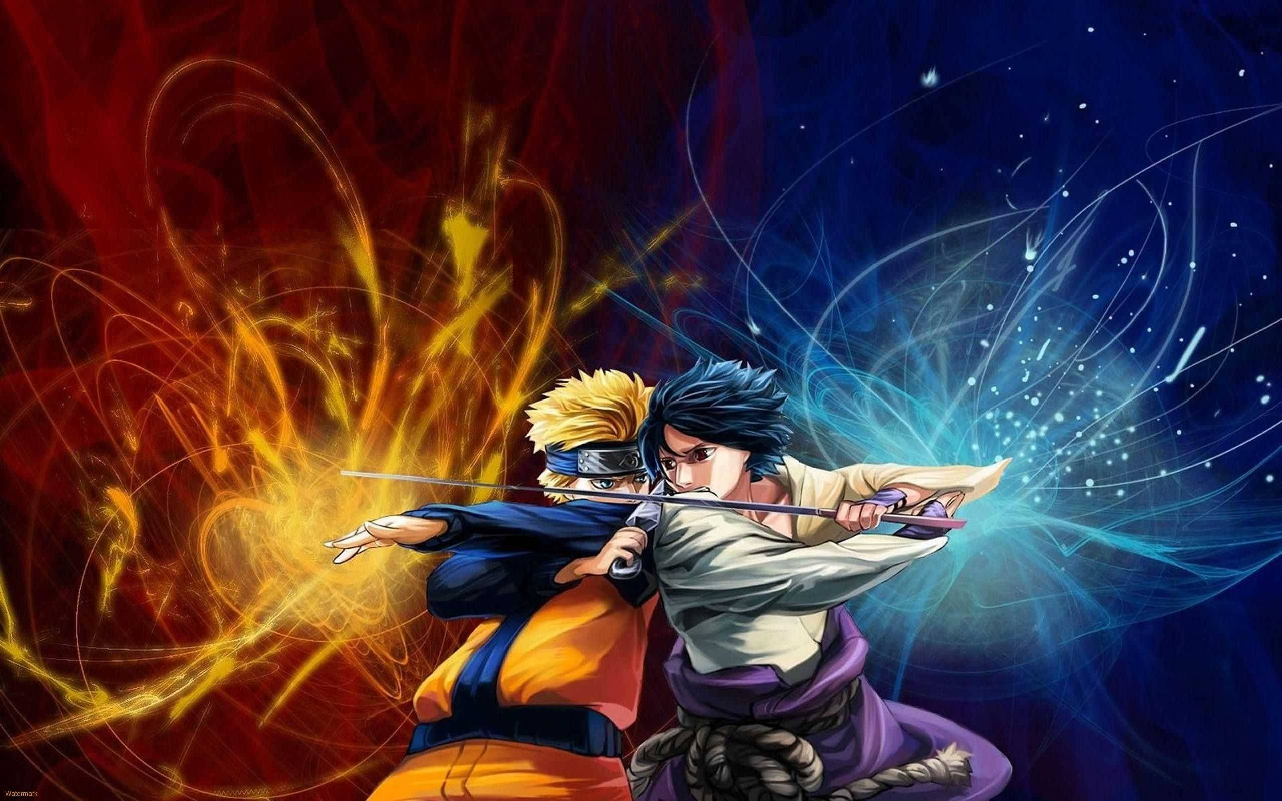 Sasuke, Naruto, fiery orange energy, 2K Desktop Wallpaper