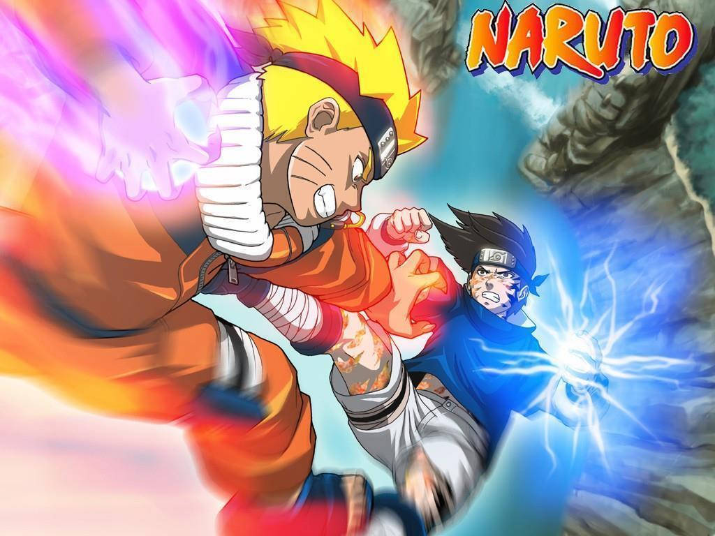 Sasuke Vs Naruto, waterfall scene, fiery chakra blasts, SD Desktop Wallpaper