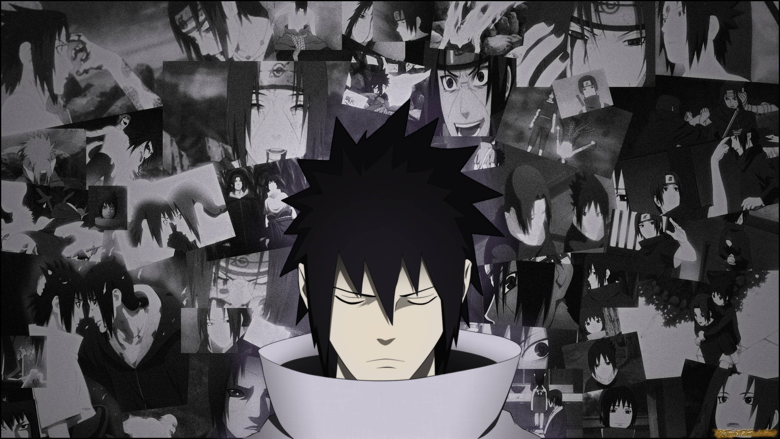 Sasuke, spiky hair, black and white, 2K Desktop Wallpaper