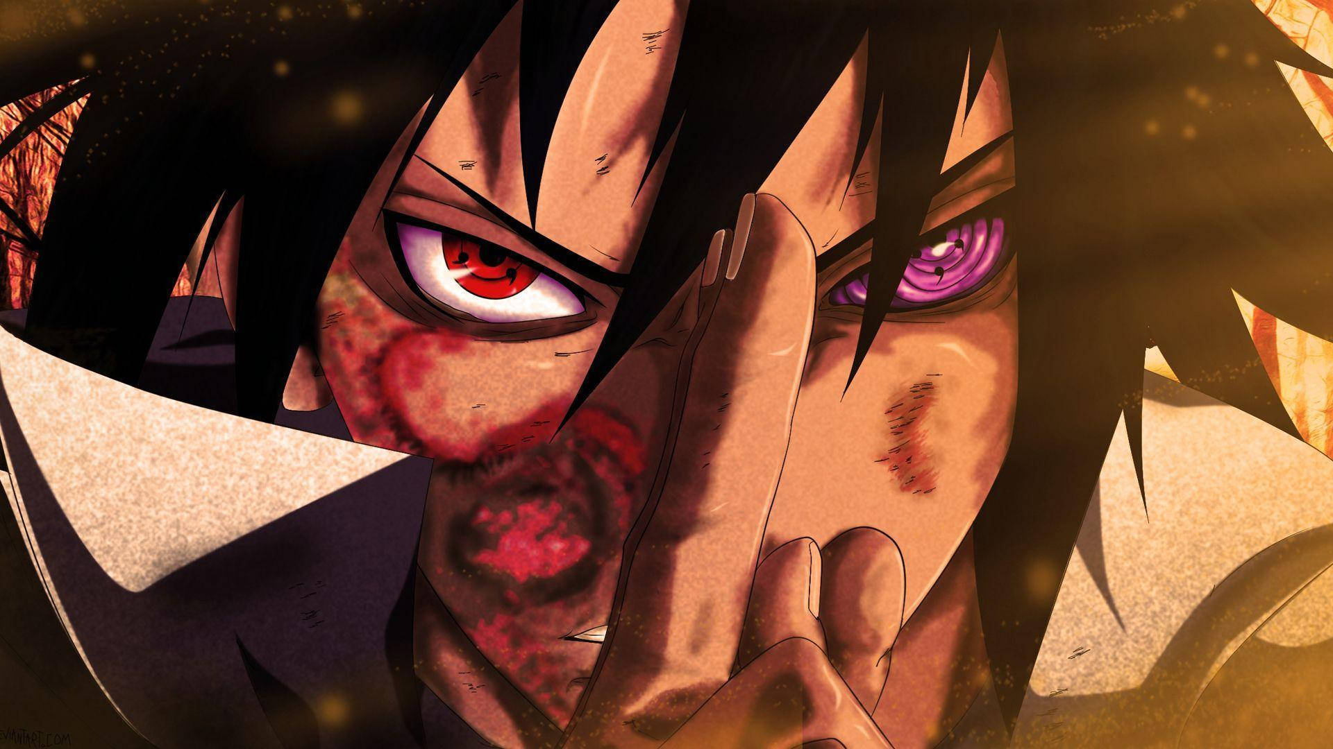 Sasuke, glowing red and purple eyes, bloodied face, Full HD Desktop Wallpaper