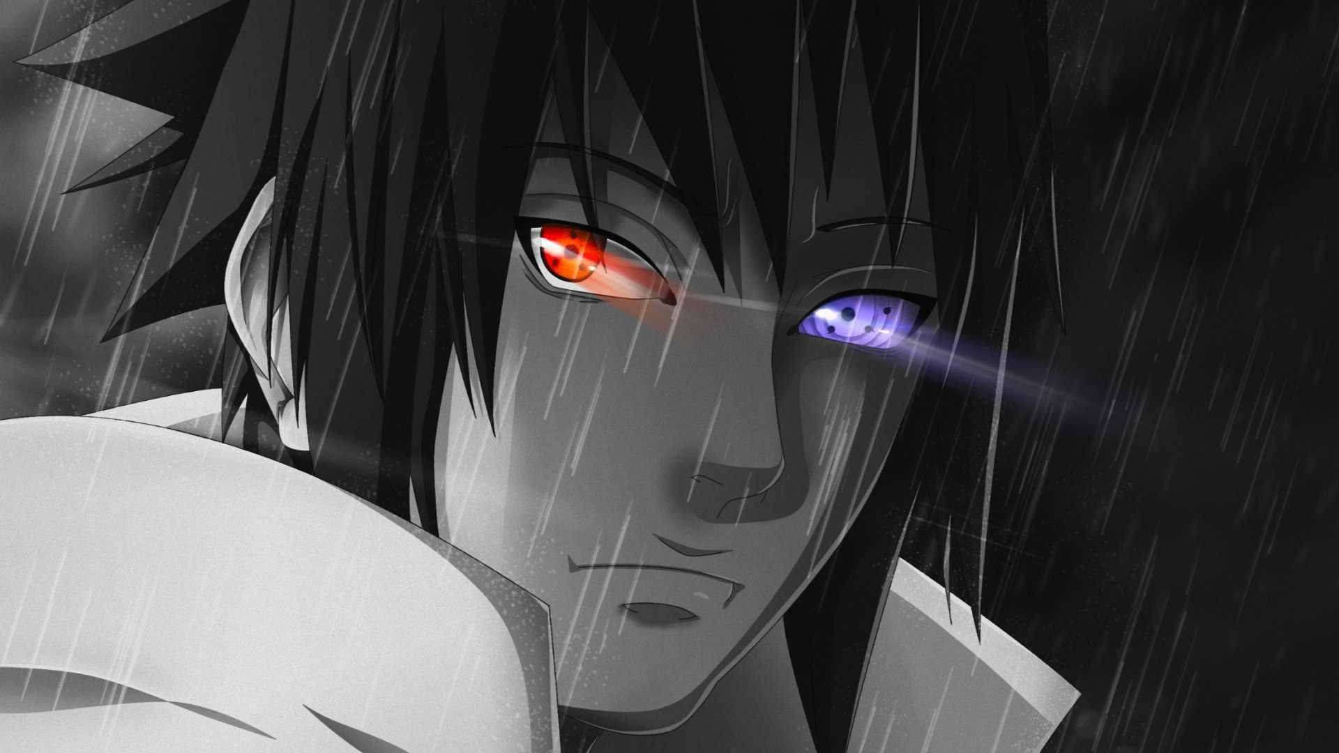 Sasuke, glowing red and blue eyes, heavy rain, Full HD Desktop Wallpaper