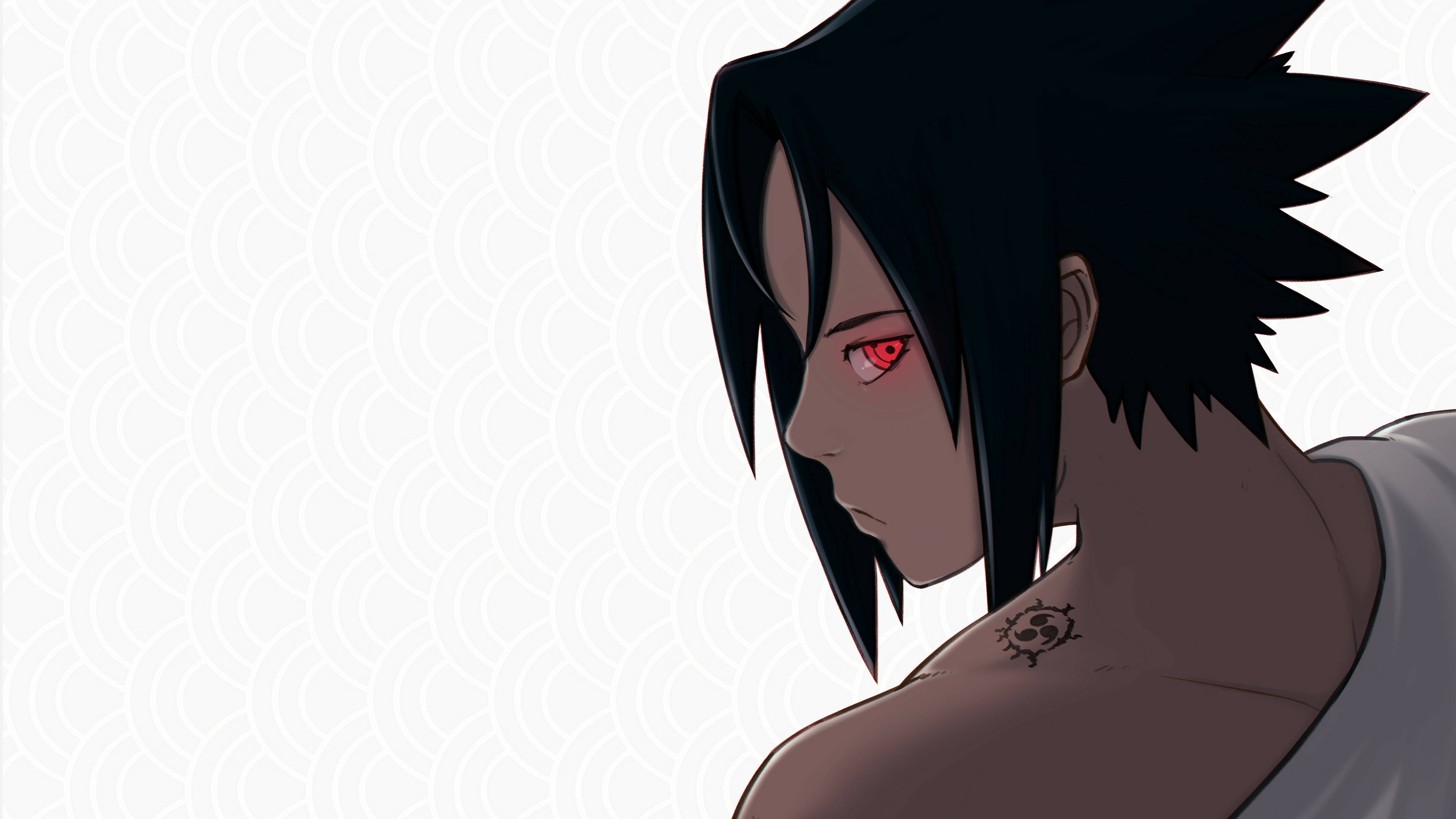 Sasuke, spiky black hair, glowing red eye, 4K Desktop Wallpaper
