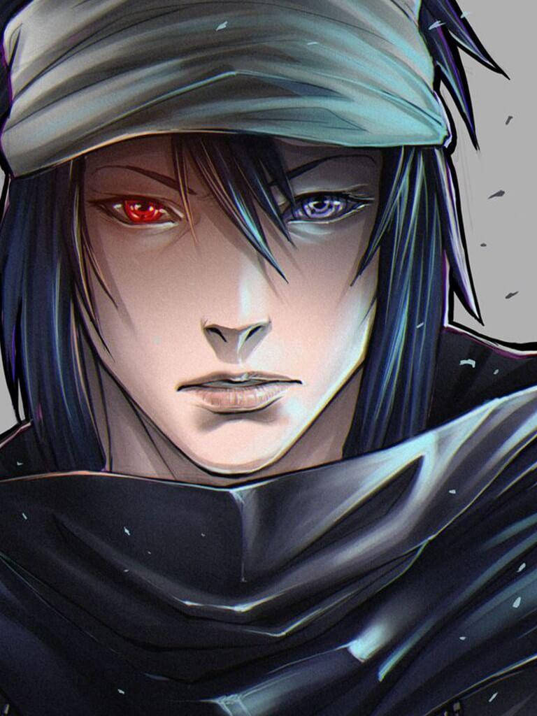 Sasuke, mismatched red and blue eyes, dark hooded cloak, SD Phone Wallpaper