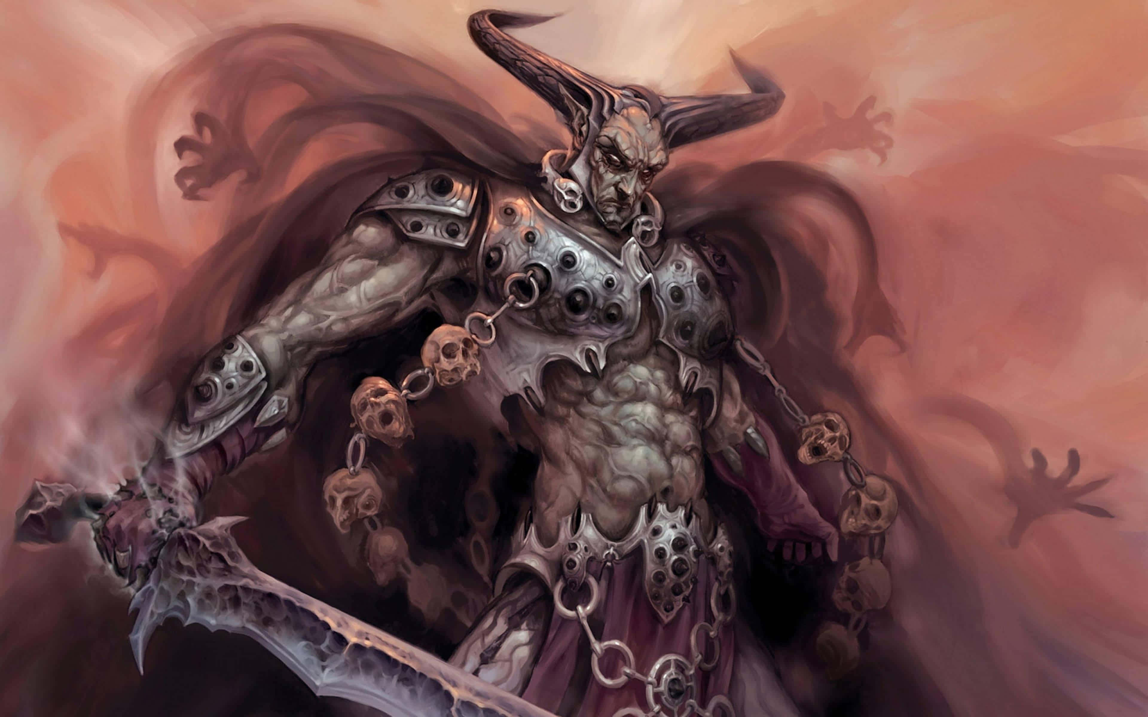 demonic warrior, horns, skull chains, 4K Desktop Wallpaper