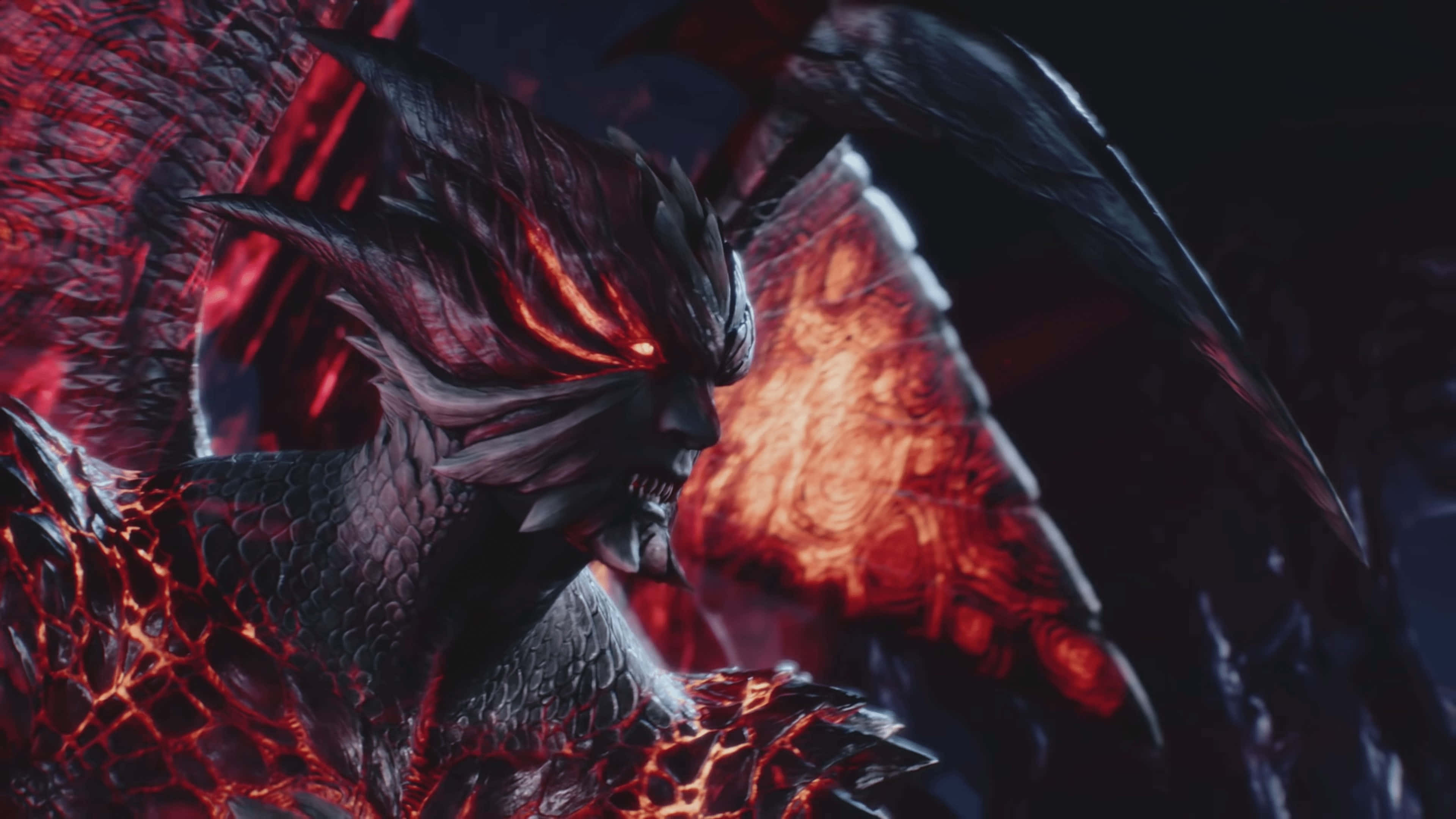 demonic dragon, glowing red eyes, fiery wings, 4K Desktop Wallpaper