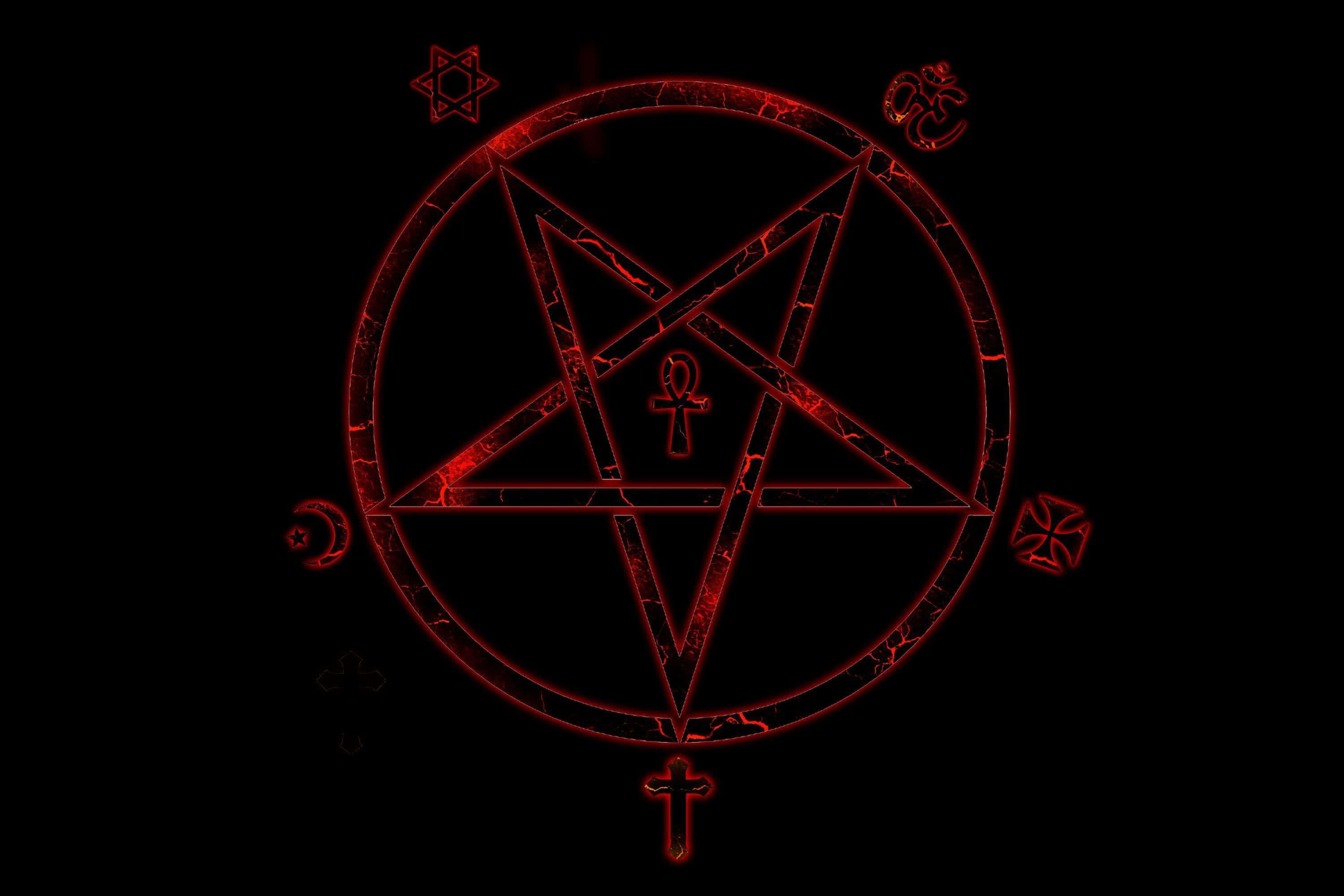 red pentagram, occult symbols, black background, 2K Desktop Wallpaper