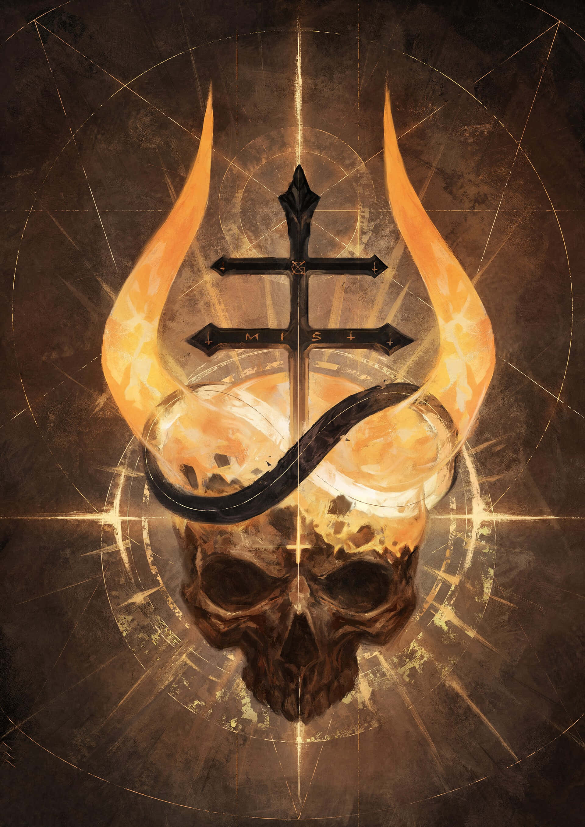 satanic skull, cross symbolism, glowing orange horns, 2K Phone Wallpaper