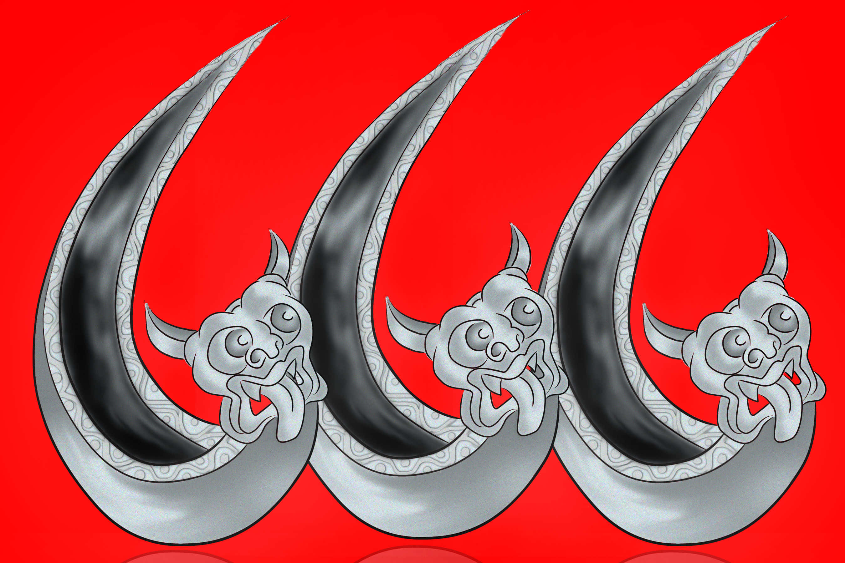 demonic faces, ornate silver crescent blades, vivid red background, 2K Desktop Wallpaper