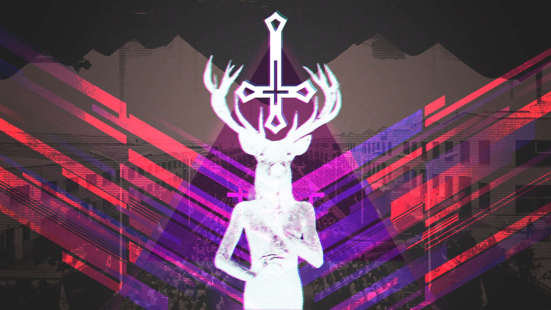 glowing white deer-headed figure, cross emblem, glitchy mountain backdrop, Full HD Desktop Wallpaper