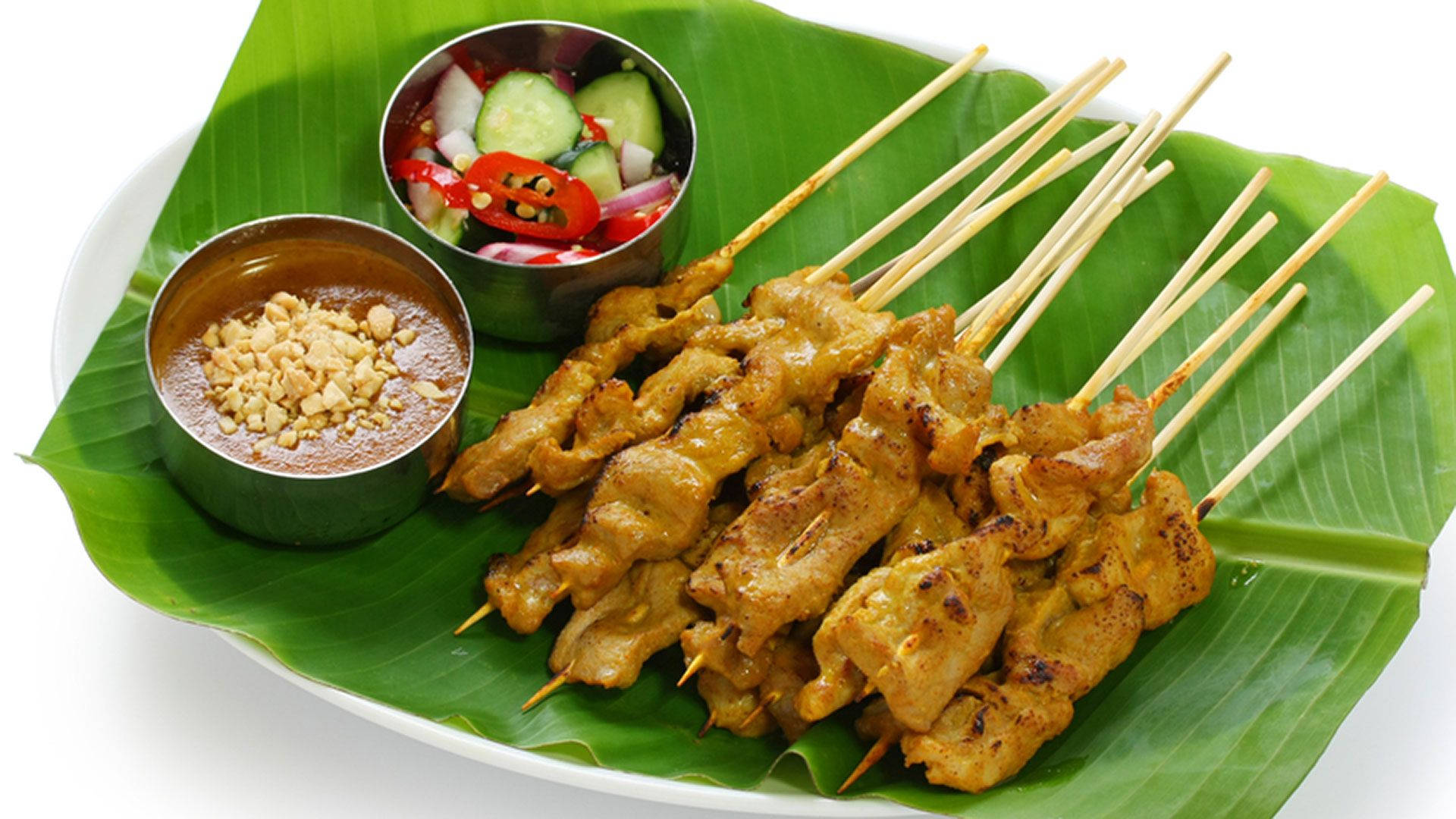 pork satay, southeast asian dish, banana leaf, Full HD Desktop Wallpaper