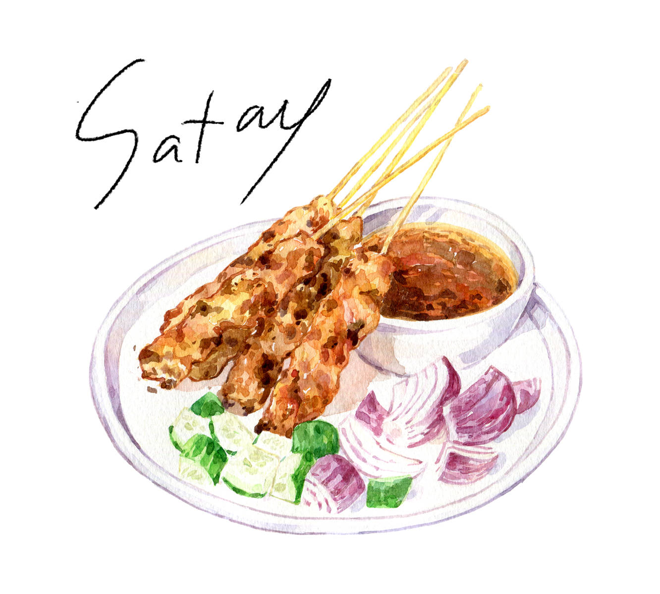 chicken satay, Southeast Asian dish, watercolor illustration, HD Desktop Wallpaper