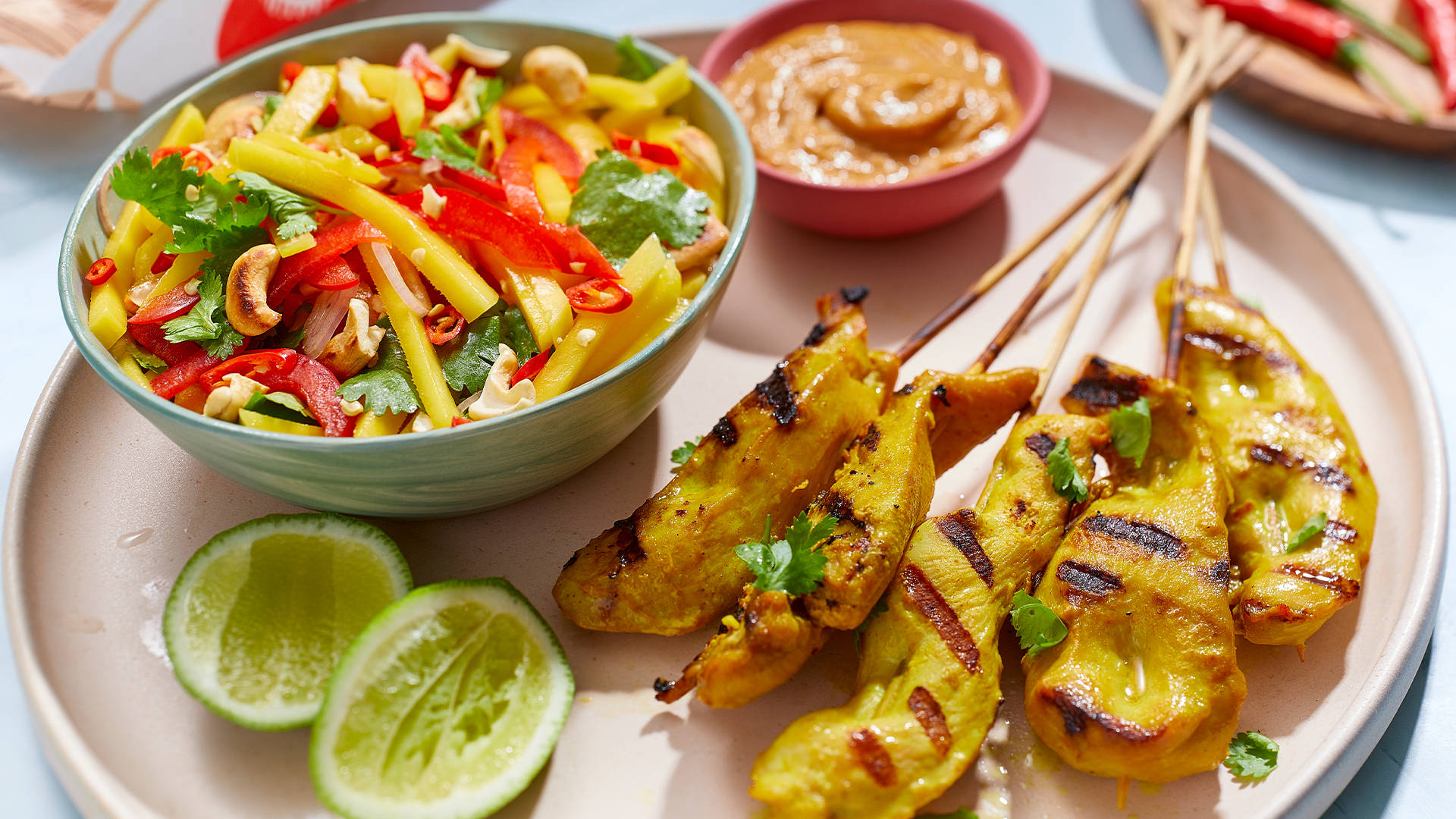 chicken satay, creamy cashew sauce, mango chili salad, Full HD Desktop Wallpaper